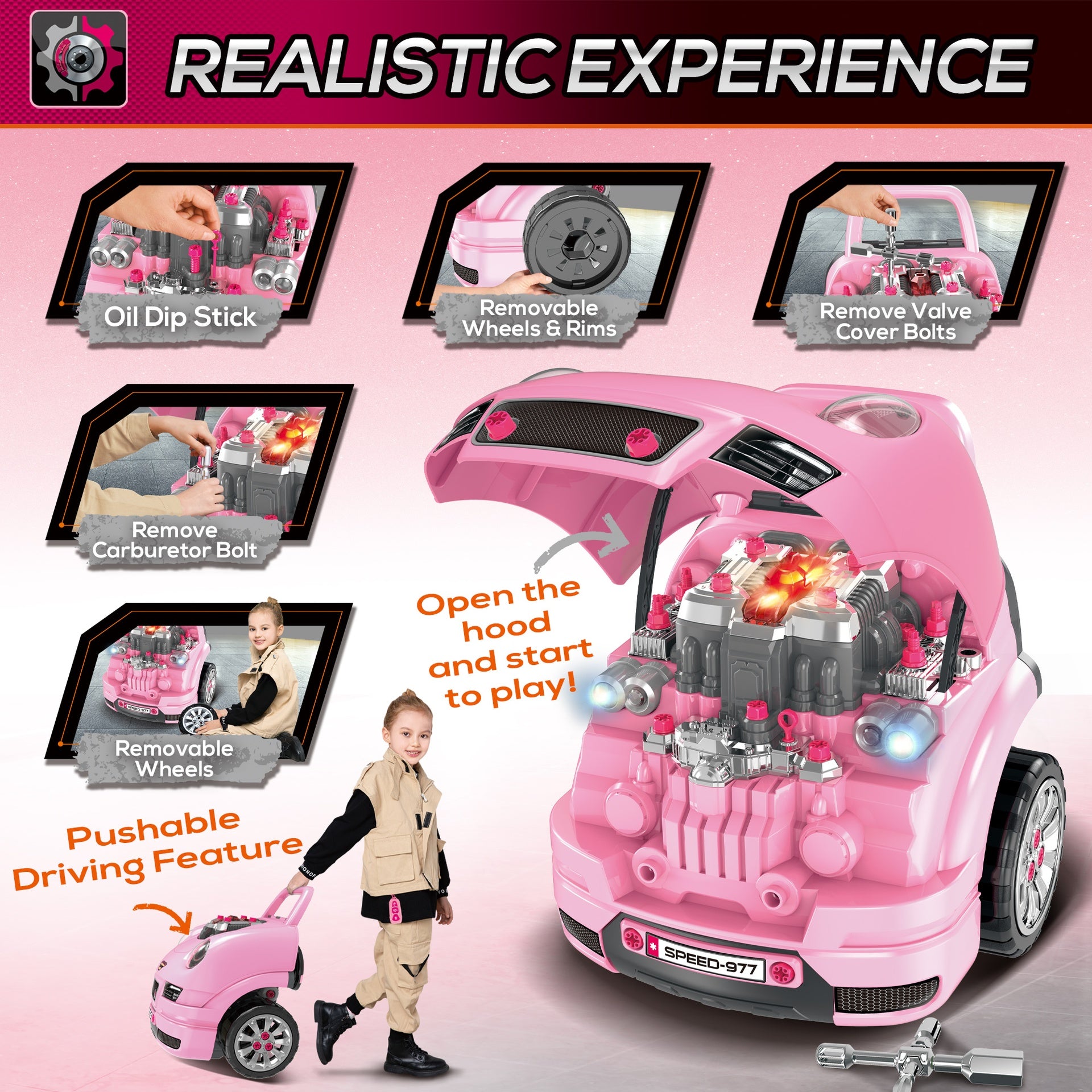 Qaba Mechanic Kids Truck Engine Toy Set, Car Service Play Set, Pink