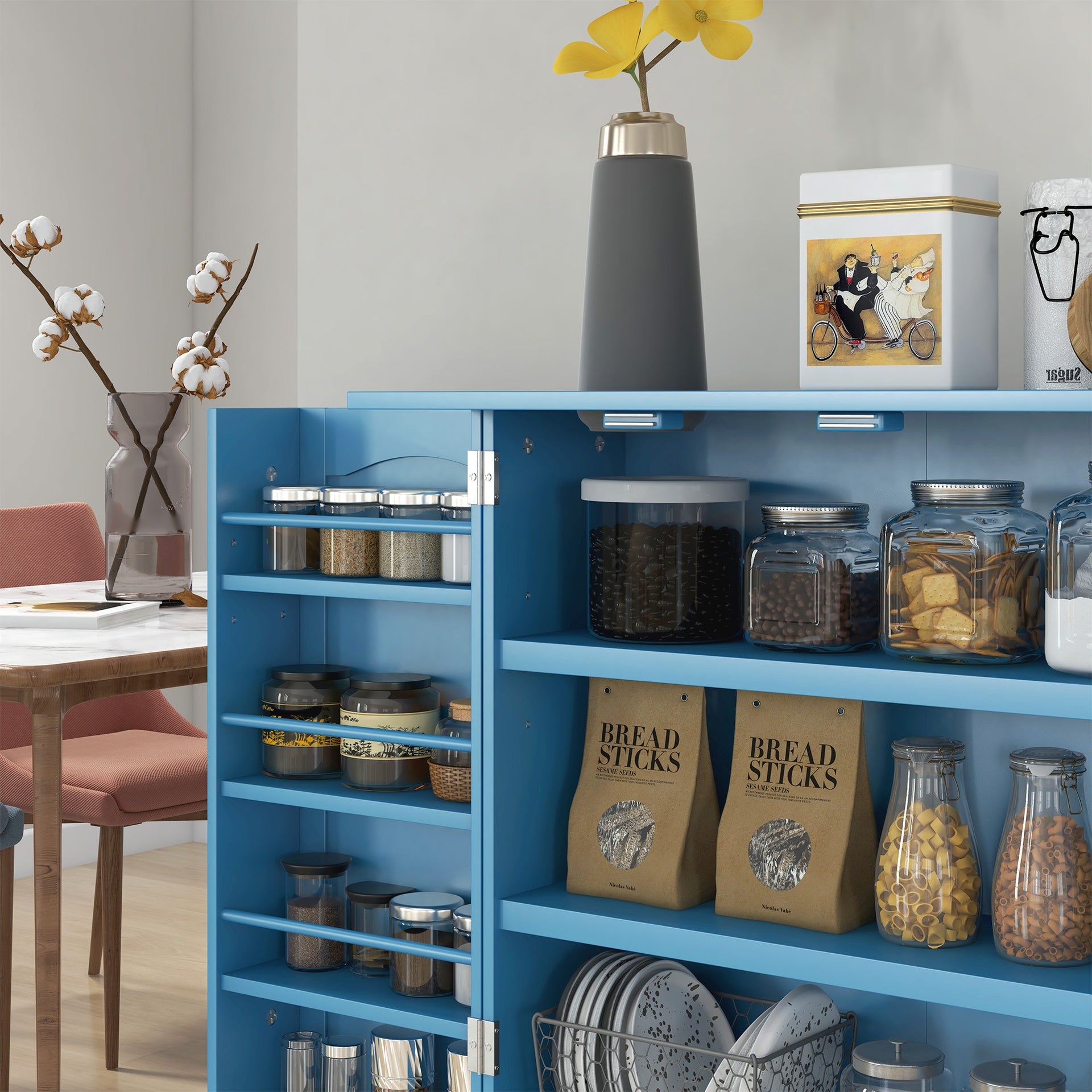 HOMCOM Freestanding Kitchen Pantry Cabinet, Kitchen Cabinet with 12 Door Shelves, Double Doors, 5-tier Shelving, Blue