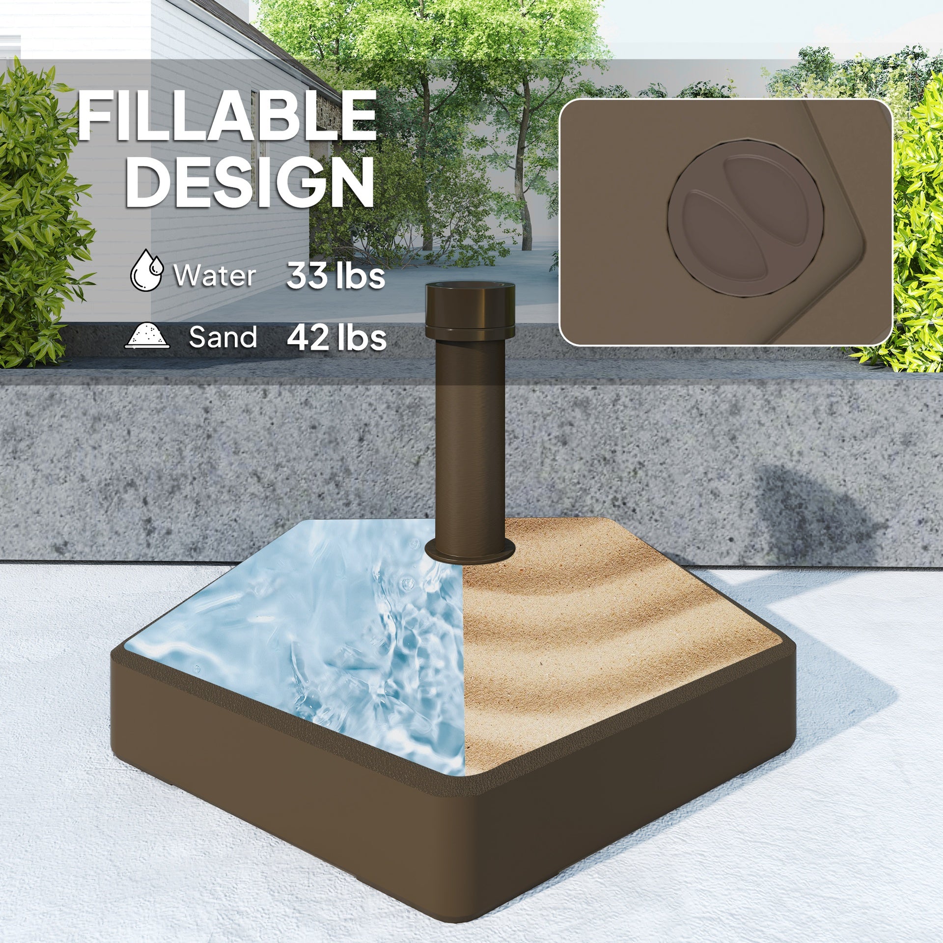 Outsunny Patio Umbrella Base Holder, Heavy Duty Outdoor Umbrella Stand Base, Filled Up to 42lbs with Sand or 33lbs with Water for Garden, Poolside, Brown