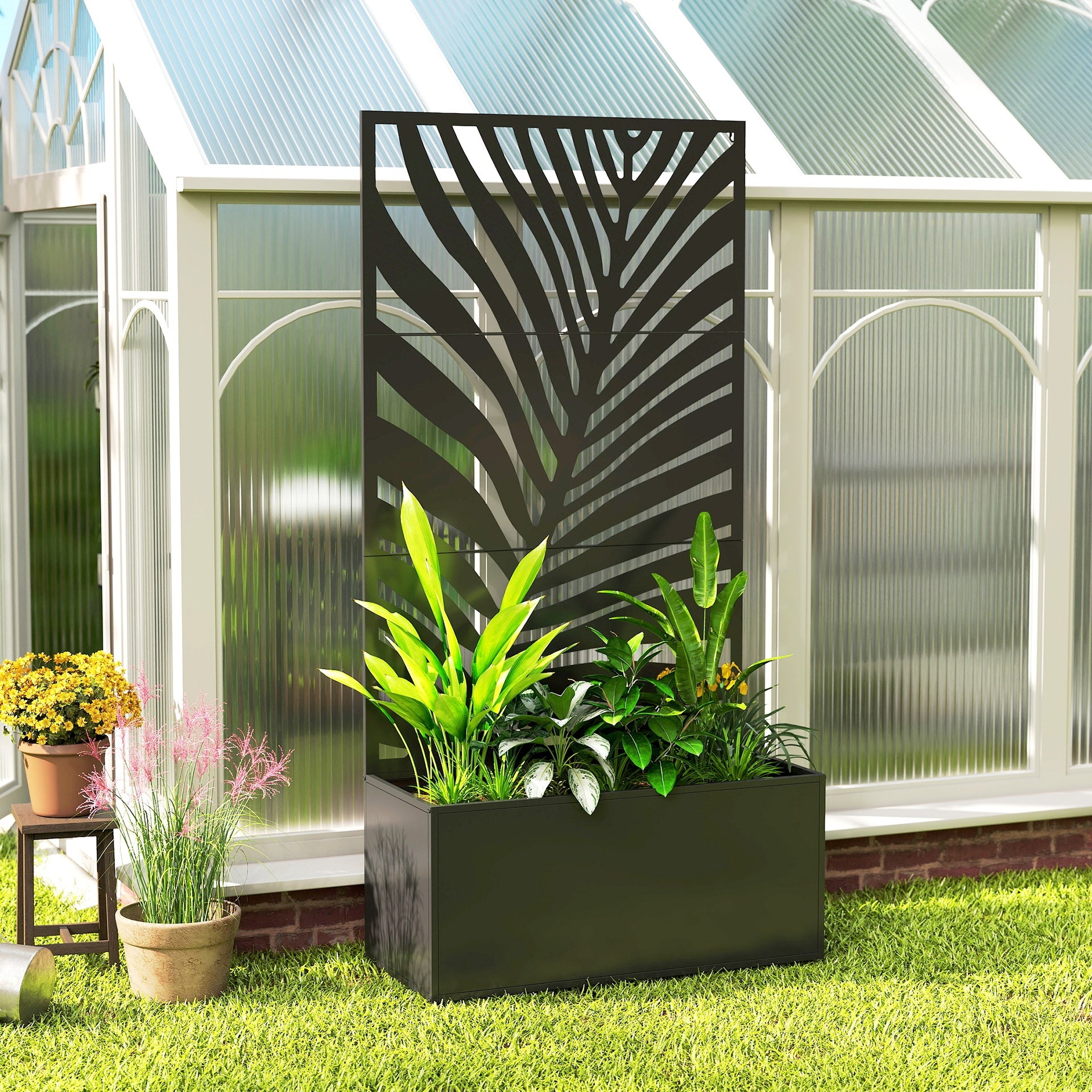 Outsunny Metal Planter Box with Trellis, Raised Garden Bed with Trellis Large Leaf Cut-Out Privacy Screen for Climbing Plants