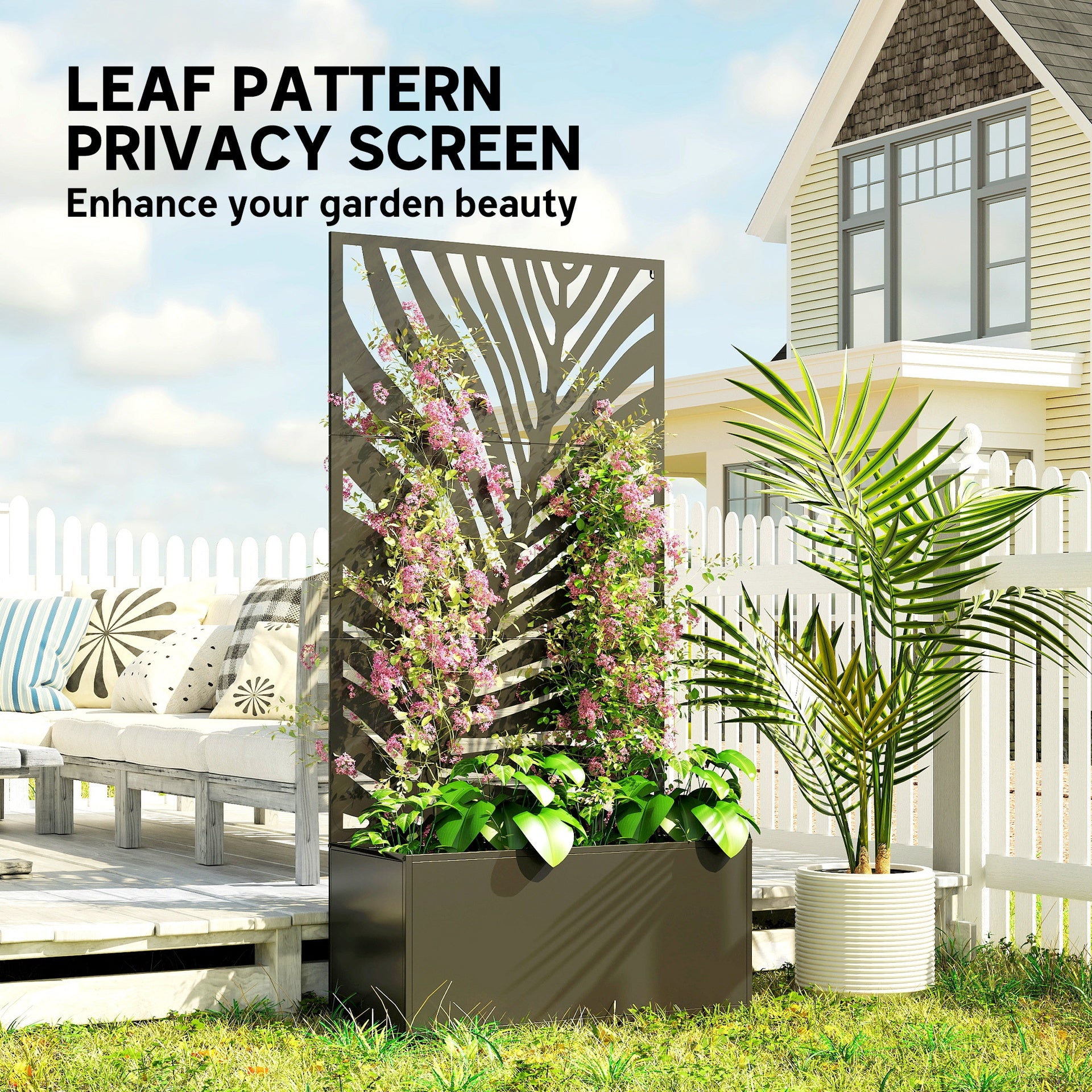 Outsunny Metal Planter Box with Trellis, Raised Garden Bed with Trellis Large Leaf Cut-Out Privacy Screen for Climbing Plants