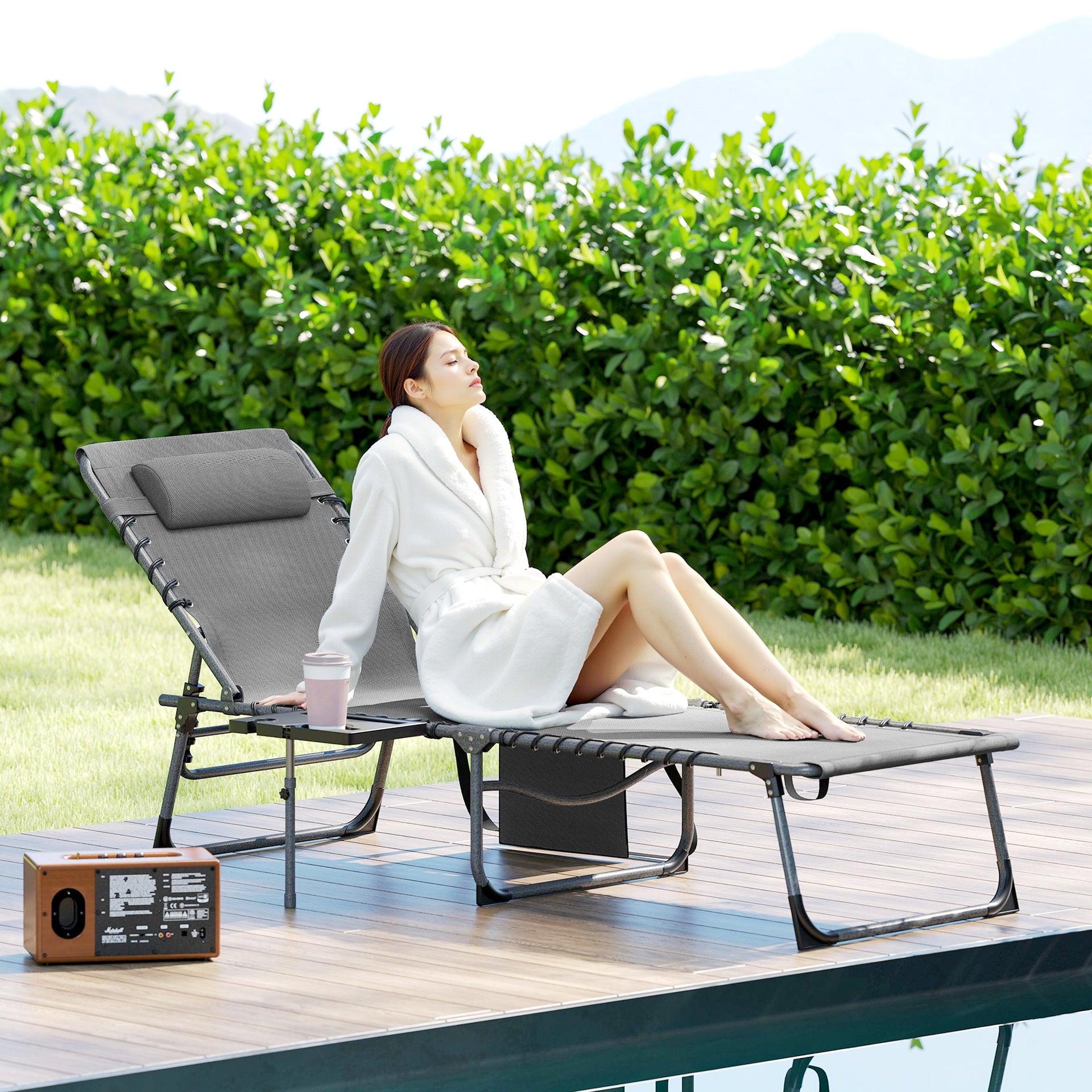 Outsunny Folding Outdoor Chaise Lounge Chair Tanning Chair with 5-Level Adjustable Back, Side Table, Pillow, Pocket, Gray