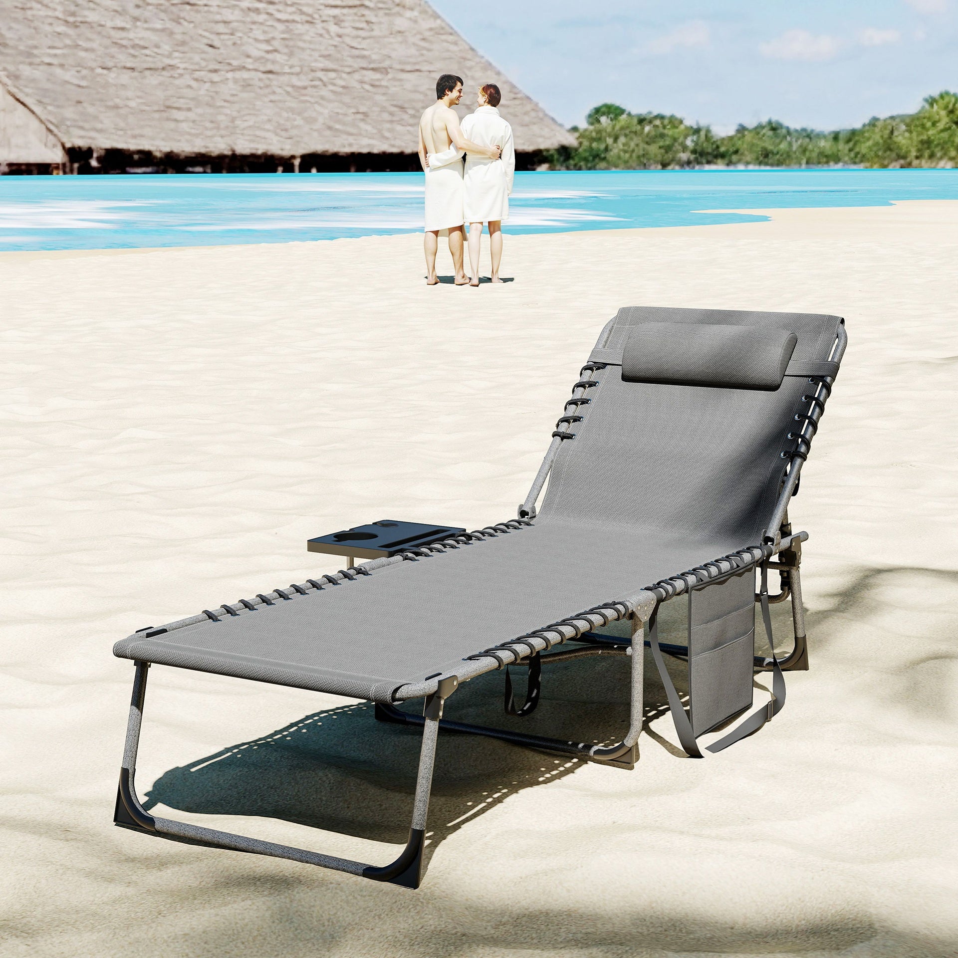 Outsunny Folding Outdoor Chaise Lounge Chair Tanning Chair with 5-Level Adjustable Back, Side Table, Pillow, Pocket, Gray