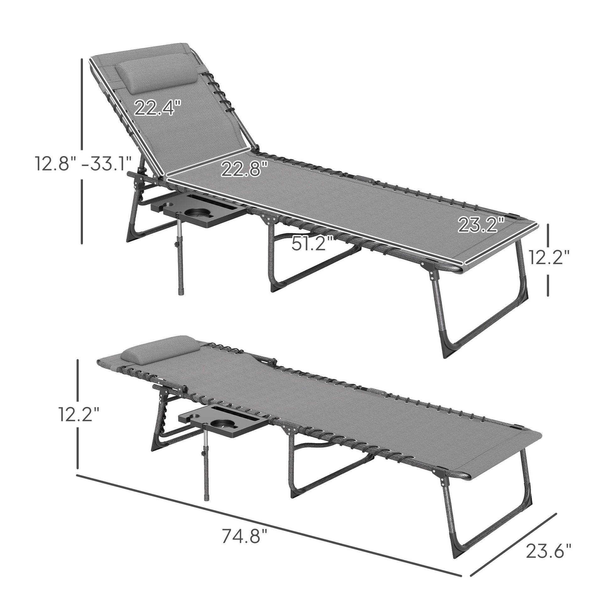 Outsunny Folding Outdoor Chaise Lounge Chair Tanning Chair with 5-Level Adjustable Back, Side Table, Pillow, Pocket, Gray