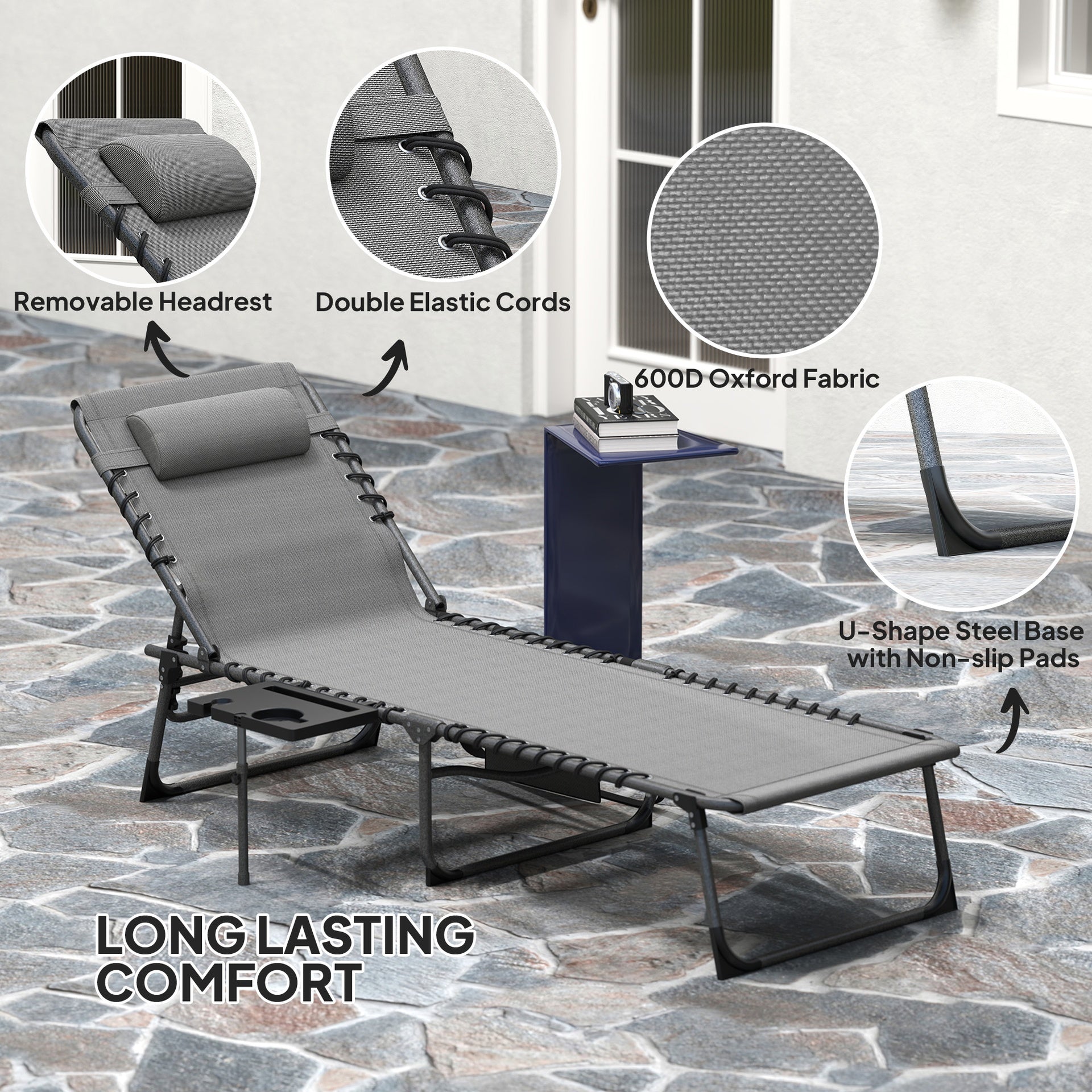 Outsunny Folding Outdoor Chaise Lounge Chair Tanning Chair with 5-Level Adjustable Back, Side Table, Pillow, Pocket, Gray