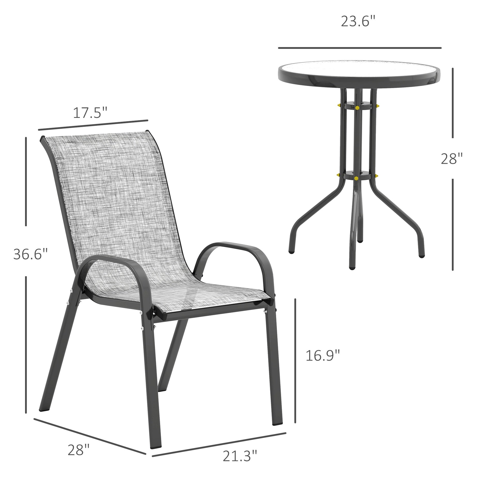 Outsunny 3 Pieces Bistro Set, Small Patio Furniture Set with Stackable Chairs and Glass Table for Backyard, Balcony, Gray