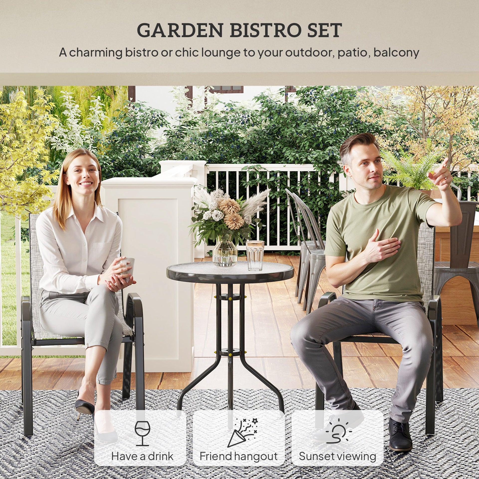 Outsunny 3 Pieces Bistro Set, Small Patio Furniture Set with Stackable Chairs and Glass Table for Backyard, Balcony, Gray
