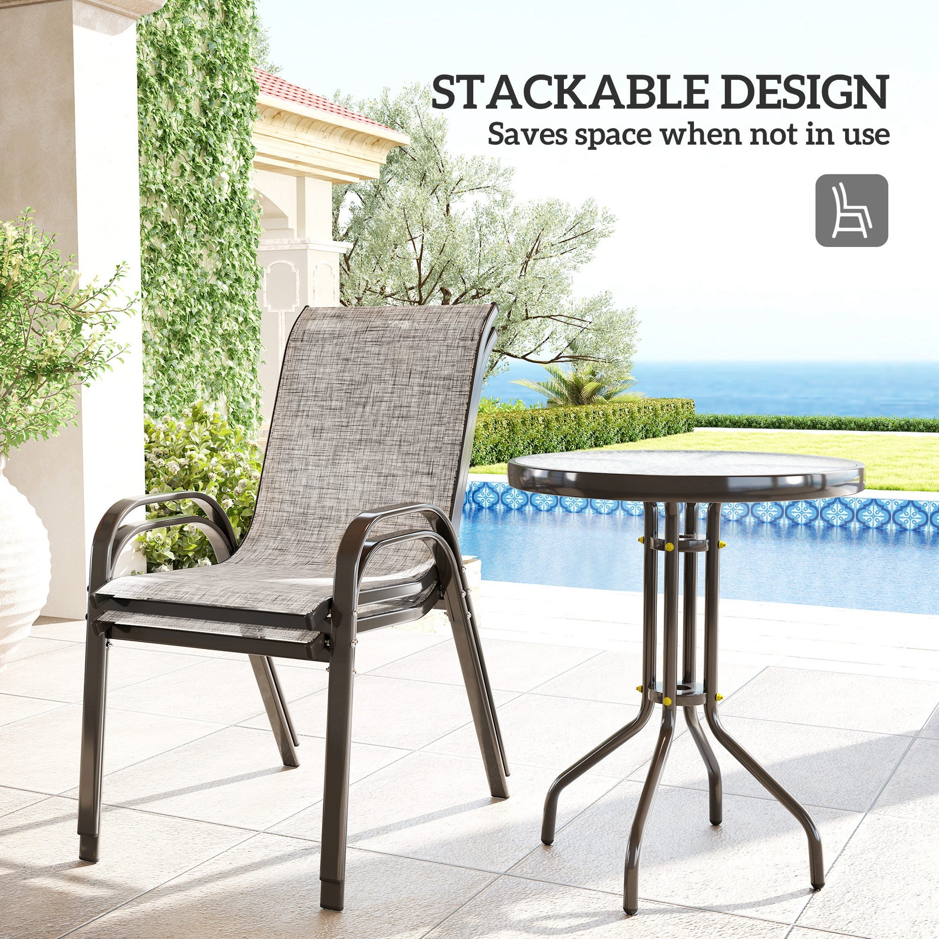 Outsunny 3 Pieces Bistro Set, Small Patio Furniture Set with Stackable Chairs and Glass Table for Backyard, Balcony, Gray
