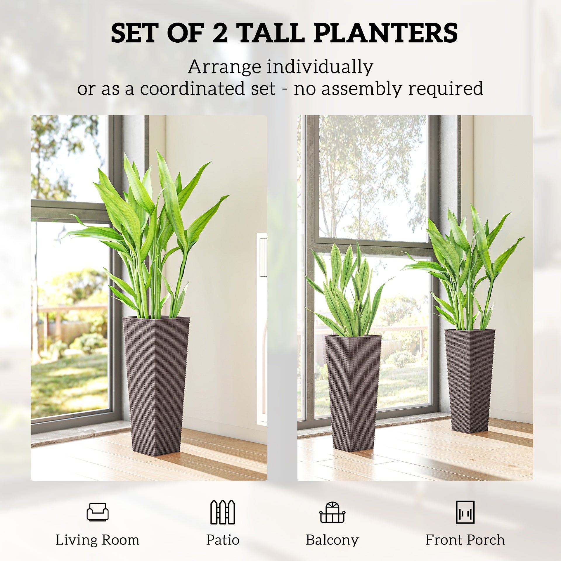 Outsunny 23.6 Inch Tall Planters for Outdoor Plants, Set of 2 Plastic Flower Pots with Drainage Holes, Brown