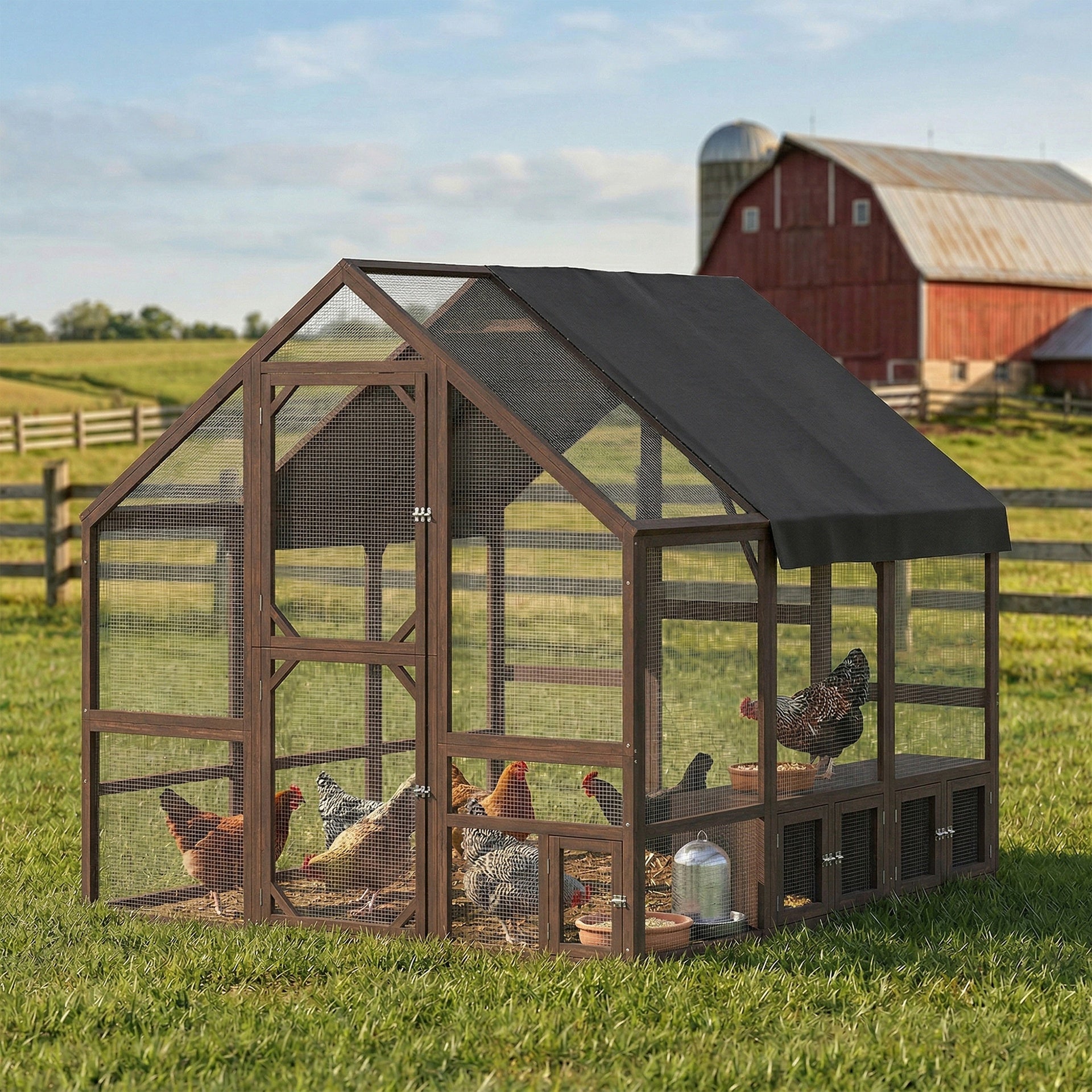 PawHut Large Wooden Chicken Coop for 8-10 Hens, Walk-in Chicken Run with Waterproof Cover, Nesting Boxes and Perches