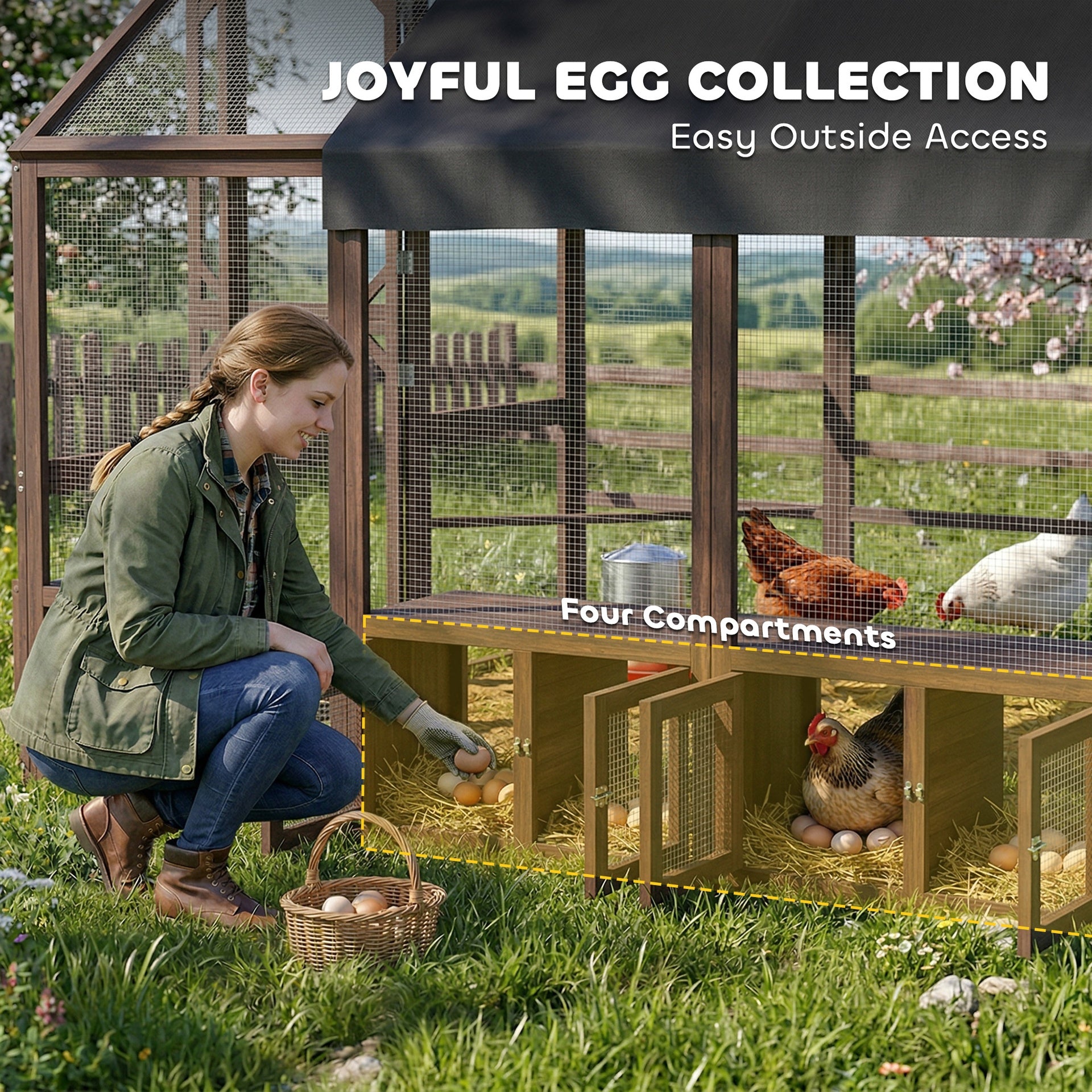 PawHut Large Wooden Chicken Coop for 8-10 Hens, Walk-in Chicken Run with Waterproof Cover, Nesting Boxes and Perches