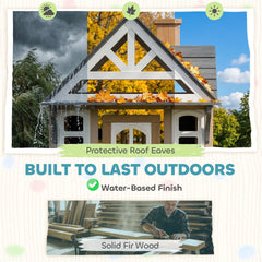 Qaba Outdoor Playhouse, Wooden Kids Playhouse with Dog Door, Cookware, Planter Box, Bell, Blackboard, Clock for Backyard