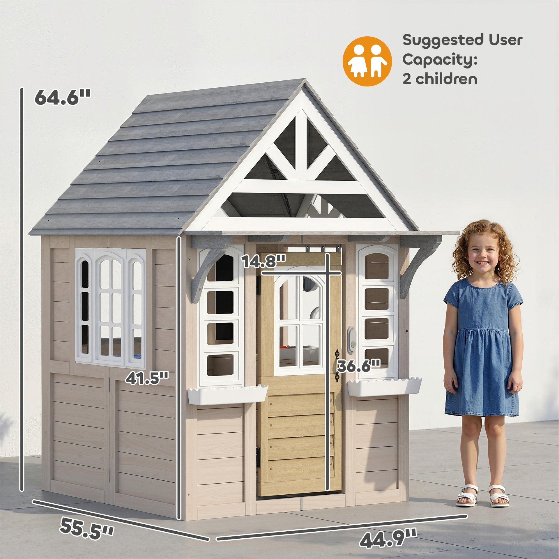 Qaba Outdoor Playhouse, Wooden Kids Playhouse with Dog Door, Cookware, Planter Box, Bell, Blackboard, Clock for Backyard