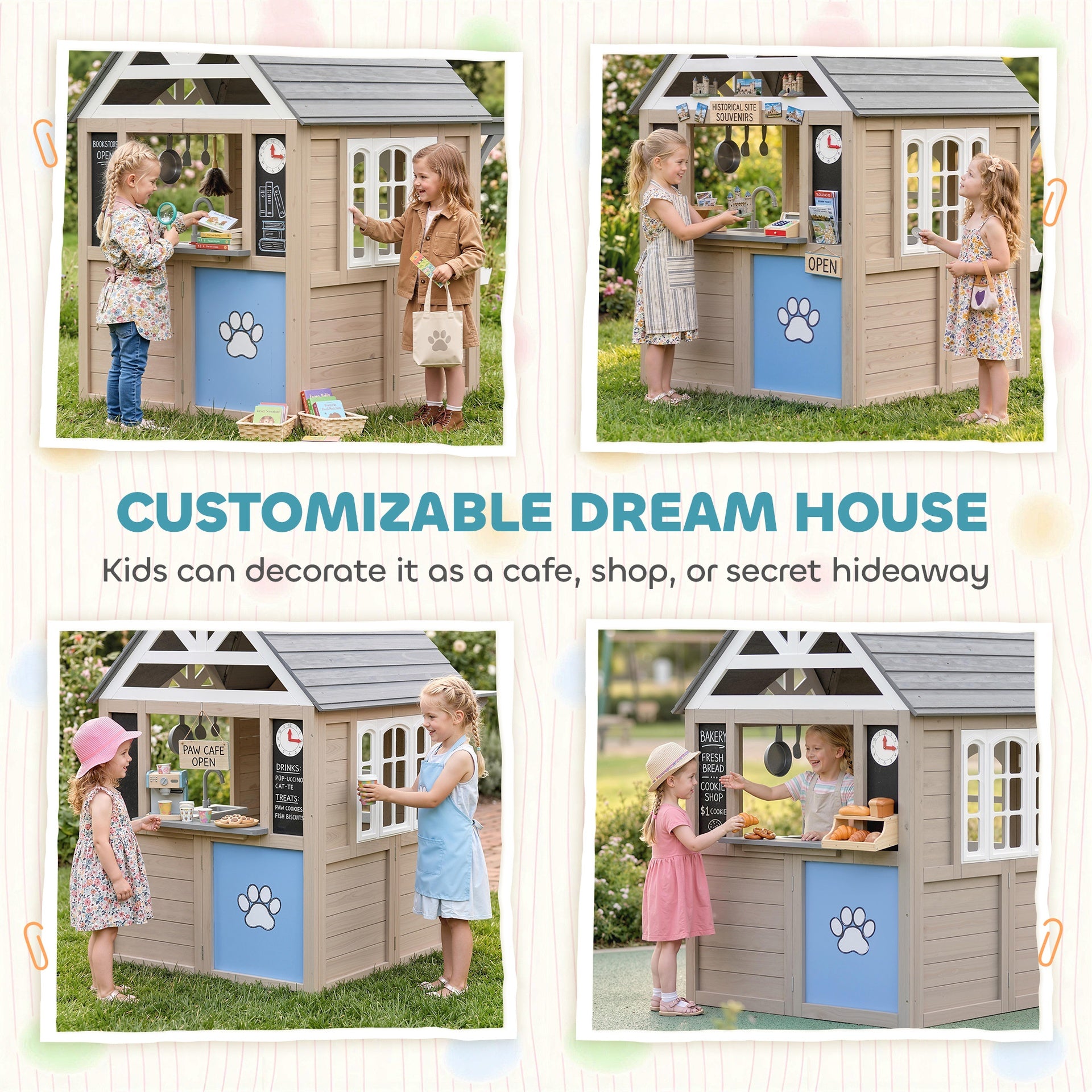 Qaba Outdoor Playhouse, Wooden Kids Playhouse with Dog Door, Cookware, Planter Box, Bell, Blackboard, Clock for Backyard