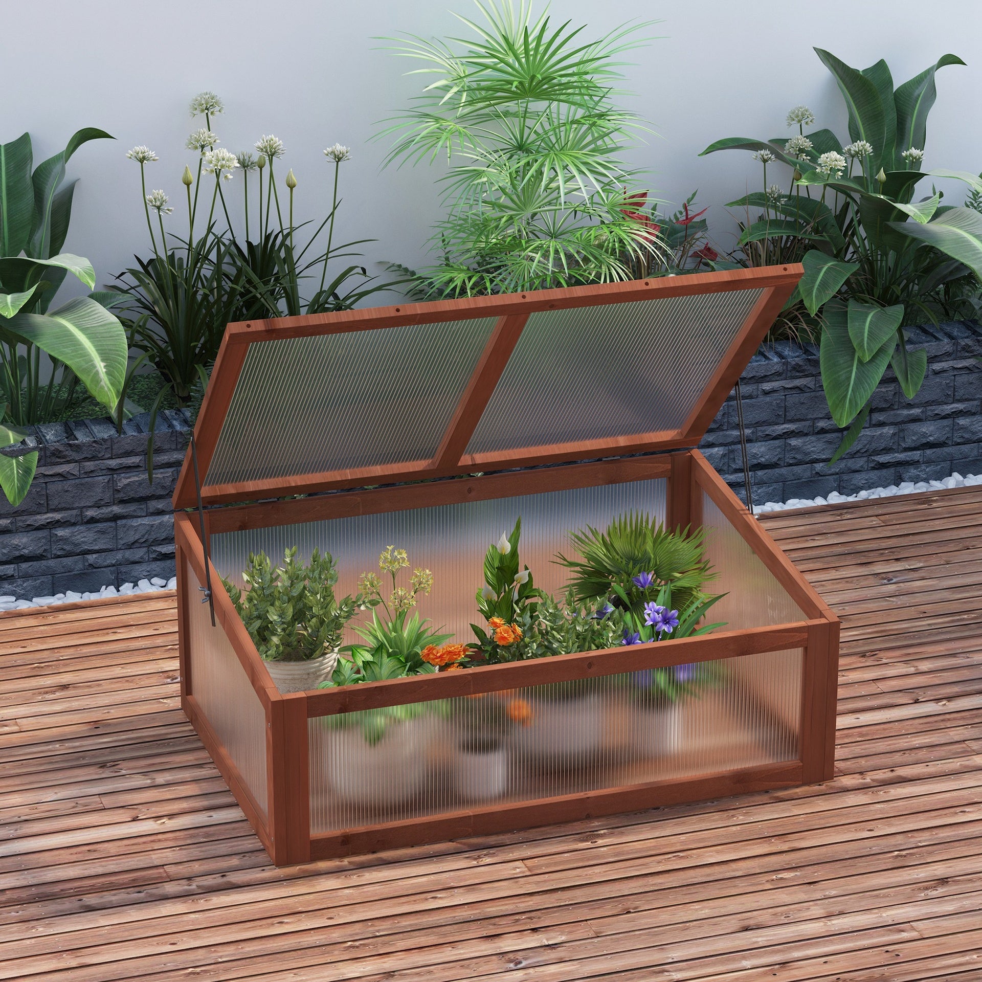Outsunny Wooden Cold Frame Greenhouse, Mini Greenhouse with Polycarbonate Board and Solid Wood Frame, Green House Cold Frame