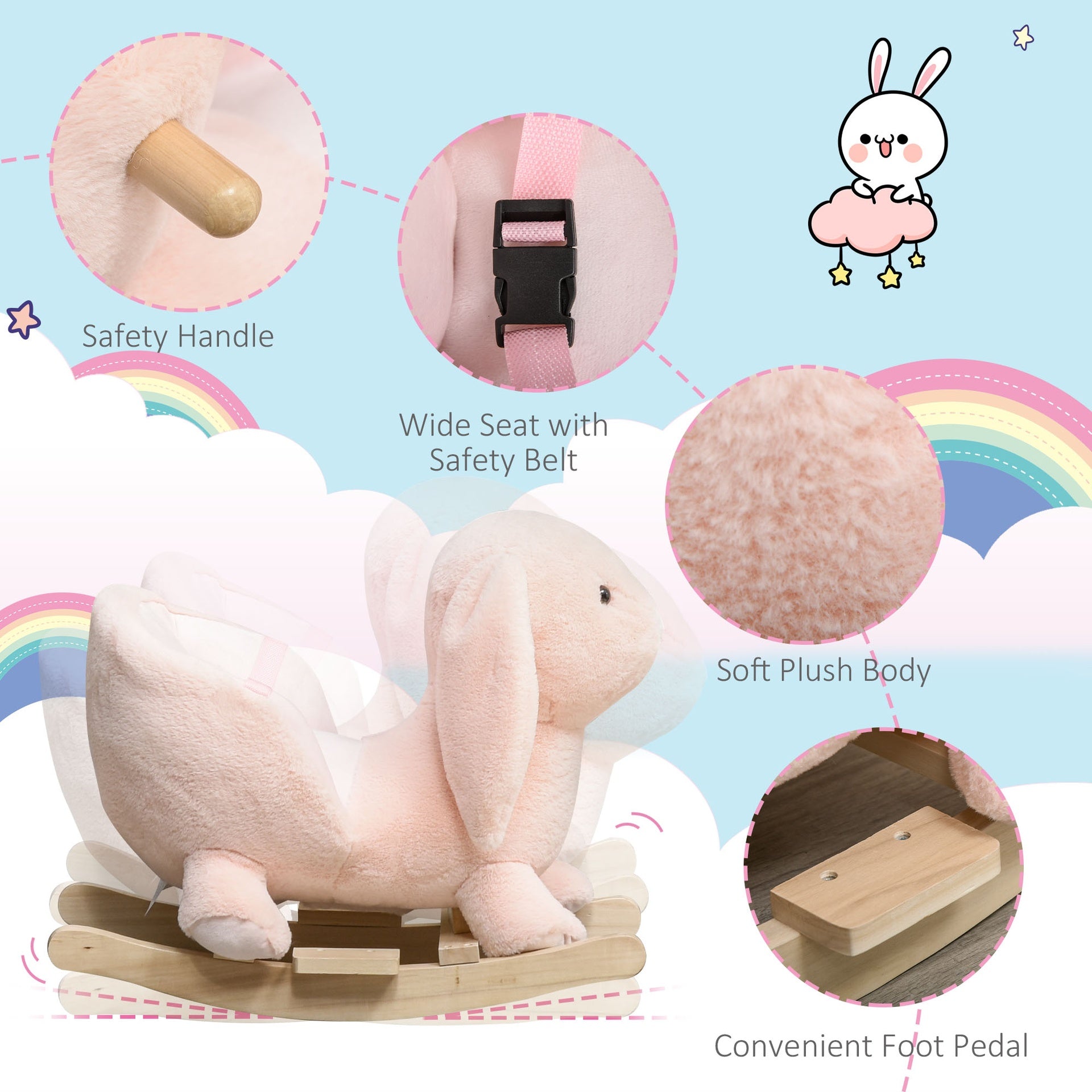 Qaba Rabbit Wooden Rocking Horse with Sound, Pink