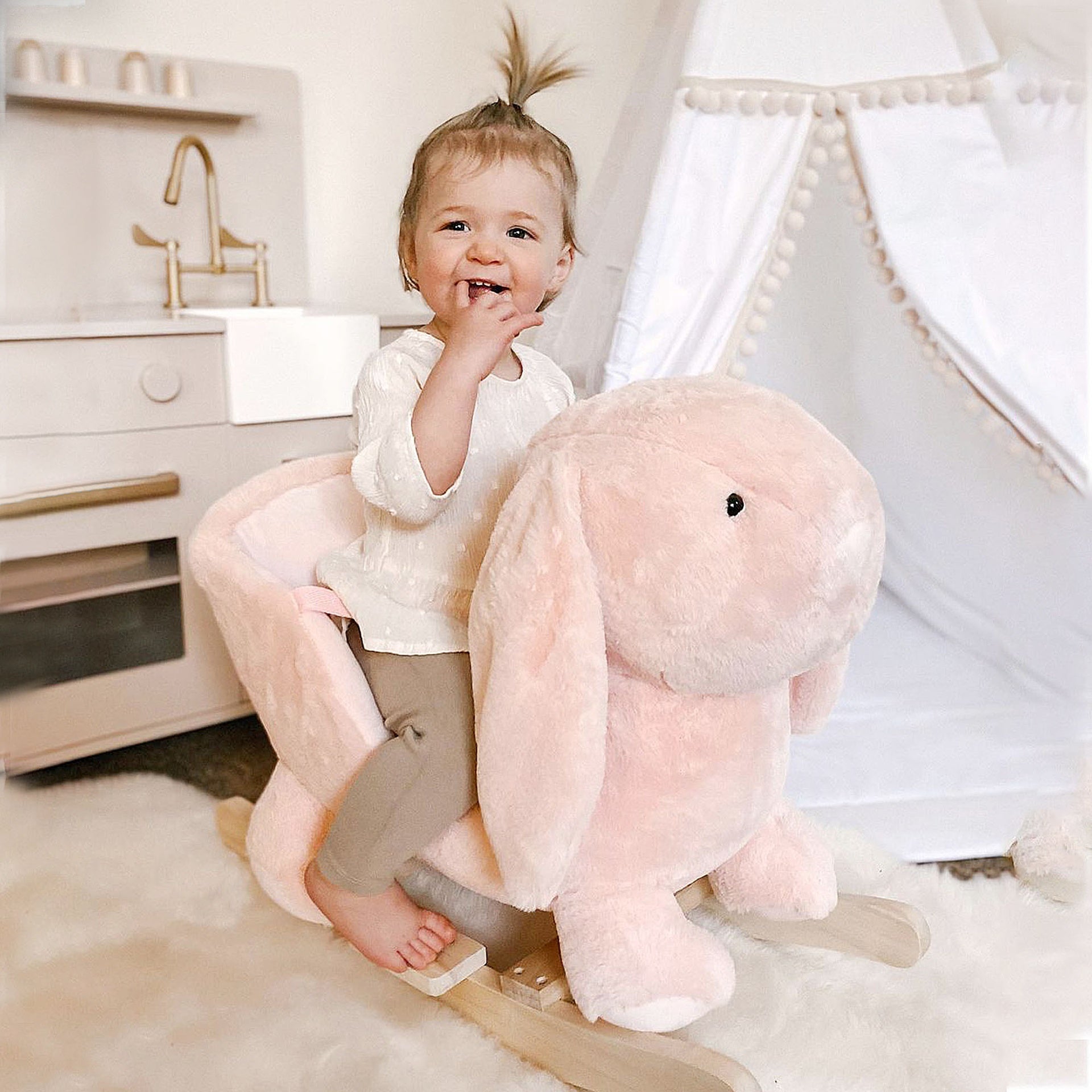 Qaba Rabbit Wooden Rocking Horse with Sound, Pink