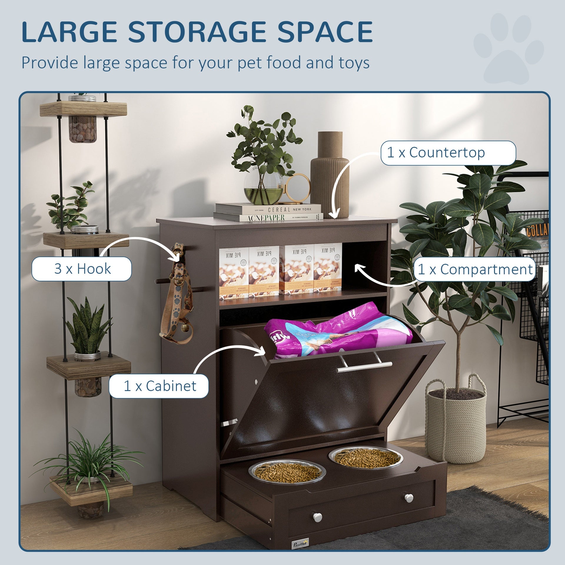 PawHut Pet Feeder Station Storage Cabinet, Dog Food Storage Container with Dog Raised Bowls, Watering Supplies, Gray