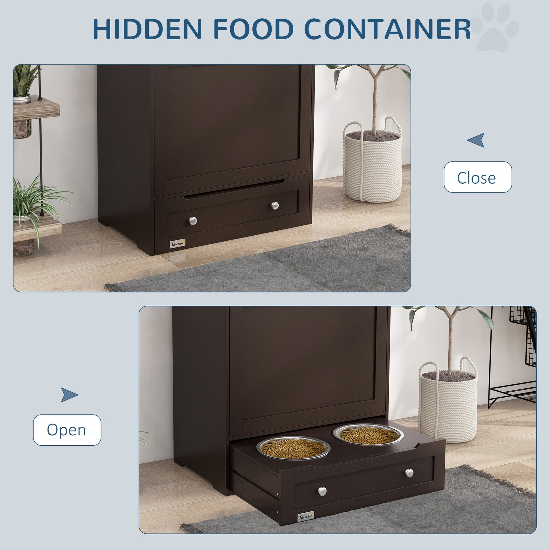 PawHut Pet Feeder Station Storage Cabinet, Dog Food Storage Container with Dog Raised Bowls, Watering Supplies, Gray