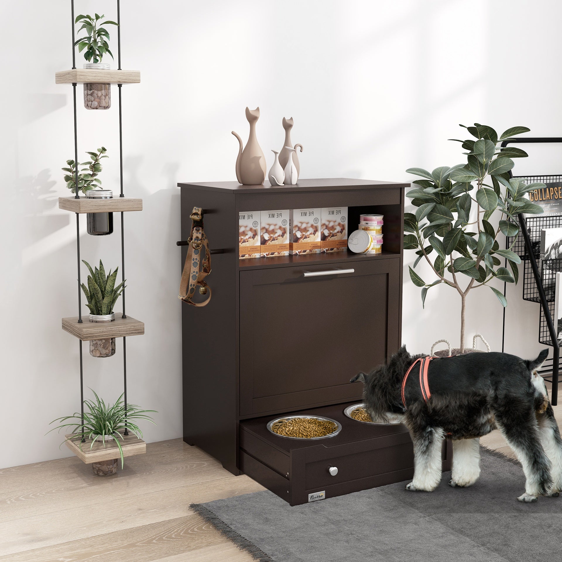 PawHut Pet Feeder Station Storage Cabinet, Dog Food Storage Container with Dog Raised Bowls, Watering Supplies, Gray