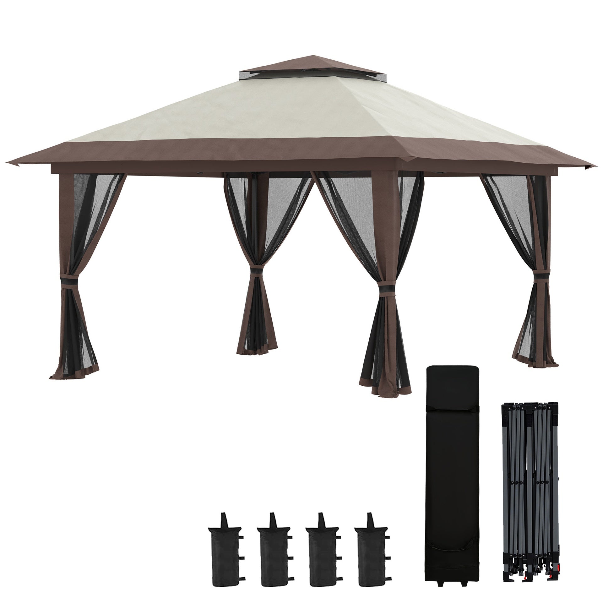 Outsunny 13' x 13' Pop Up Gazebo Instant Canopy Tent Shelter with 2-Tier Roof, Carry Bag, Wight Bags for Outdoor, Garden, Beige