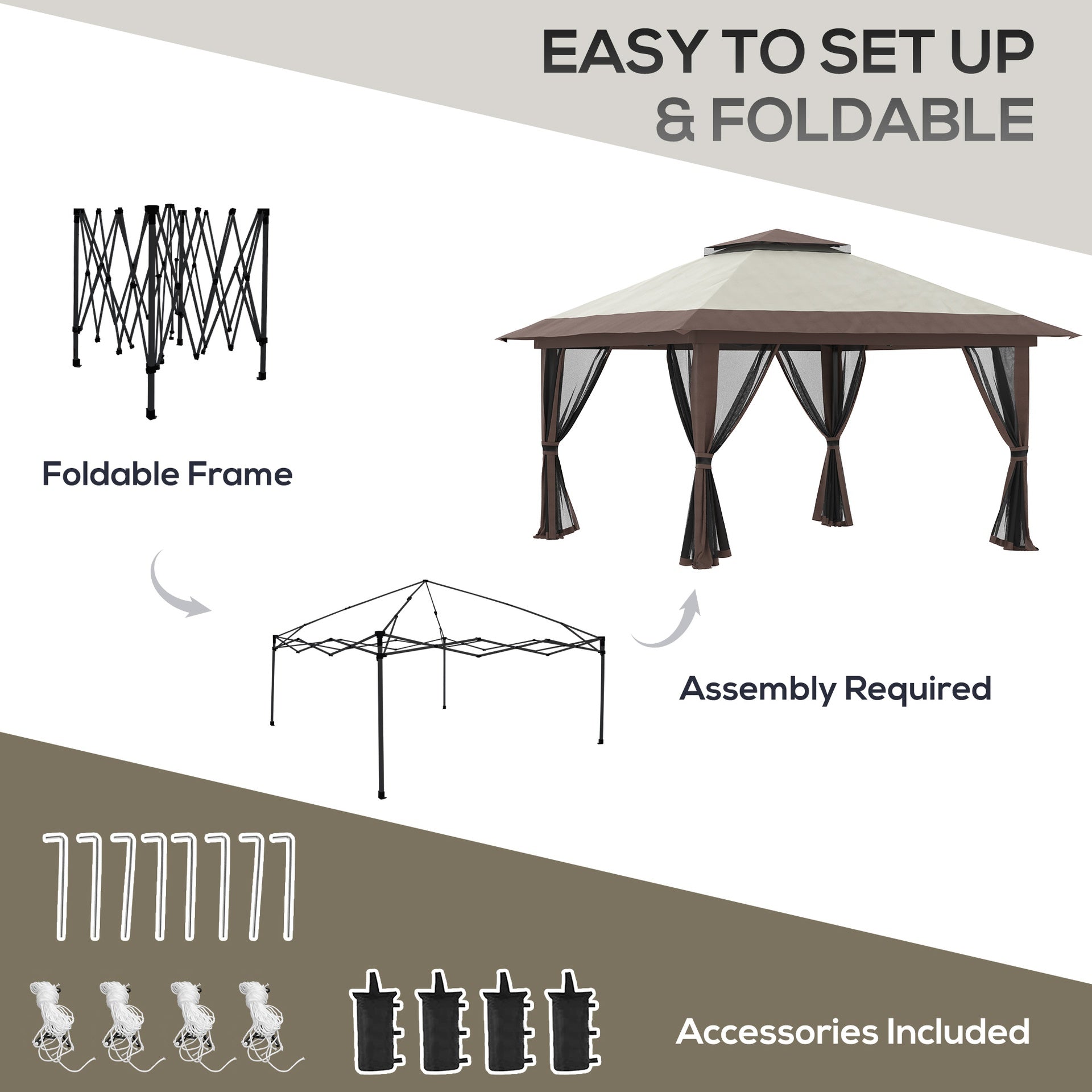 Outsunny 13' x 13' Pop Up Gazebo Instant Canopy Tent Shelter with 2-Tier Roof, Carry Bag, Wight Bags for Outdoor, Garden, Beige