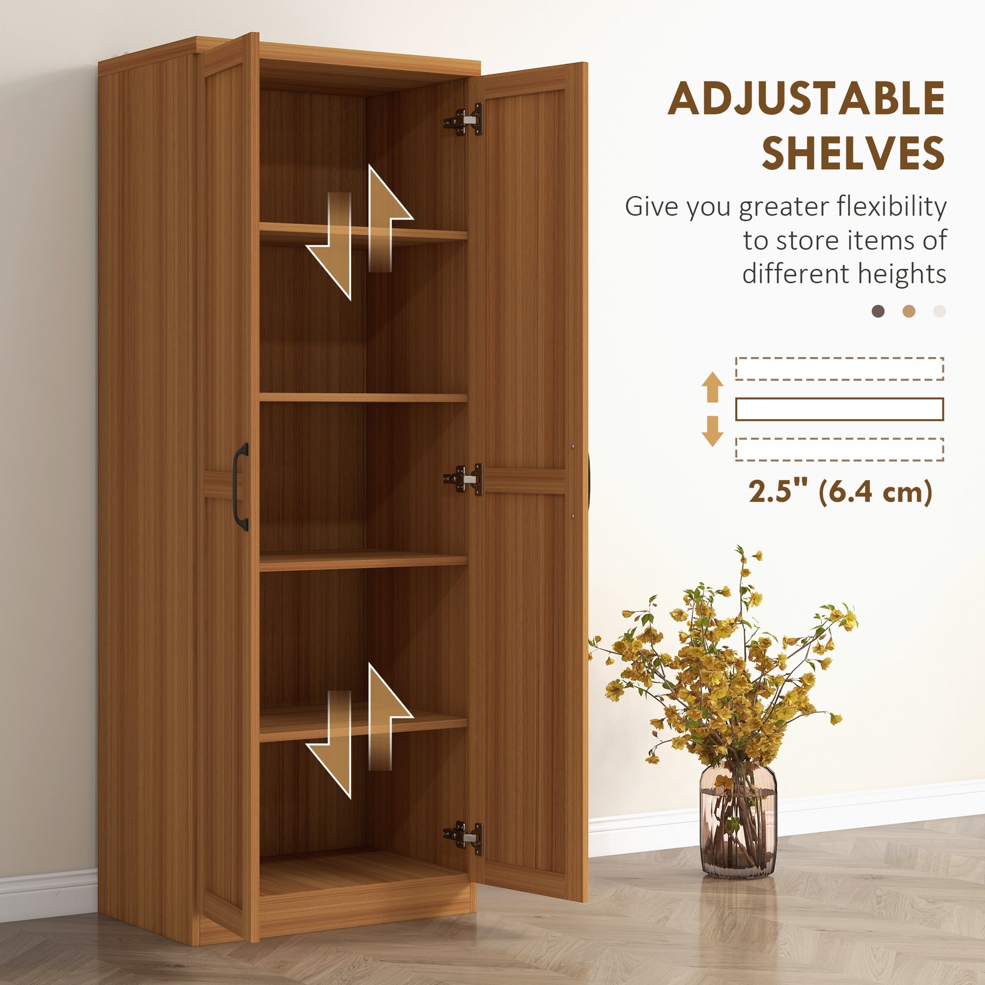 HOMCOM 63" 2-Door Kitchen Pantry, Freestanding Cabinet with 2 Adjustable Shelves for Dining Room, Cinnamon Teak Wood Grain
