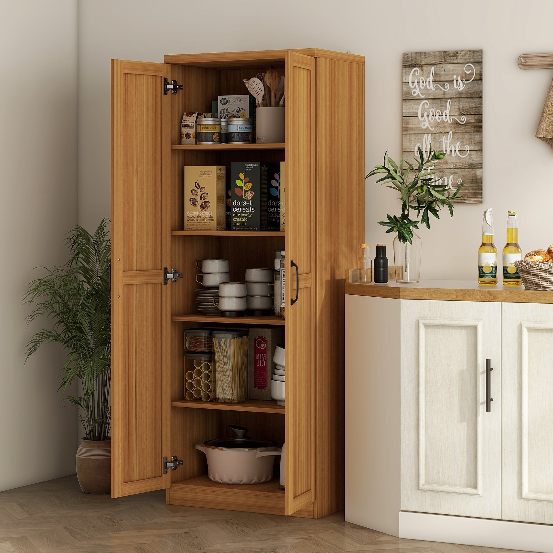 HOMCOM 63" 2-Door Kitchen Pantry, Freestanding Cabinet with 2 Adjustable Shelves for Dining Room, Cinnamon Teak Wood Grain