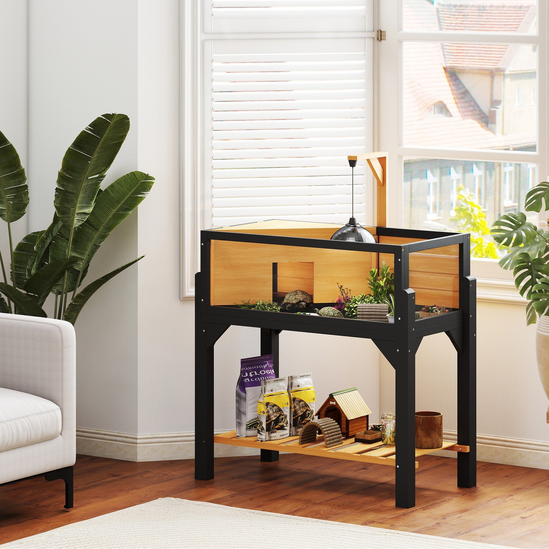 PawHut Wooden Tortoise Habitat with Storage Shelf, Tortoise Enclosure with Clear Windows, Openable Top, Lamp Holder, Yellow