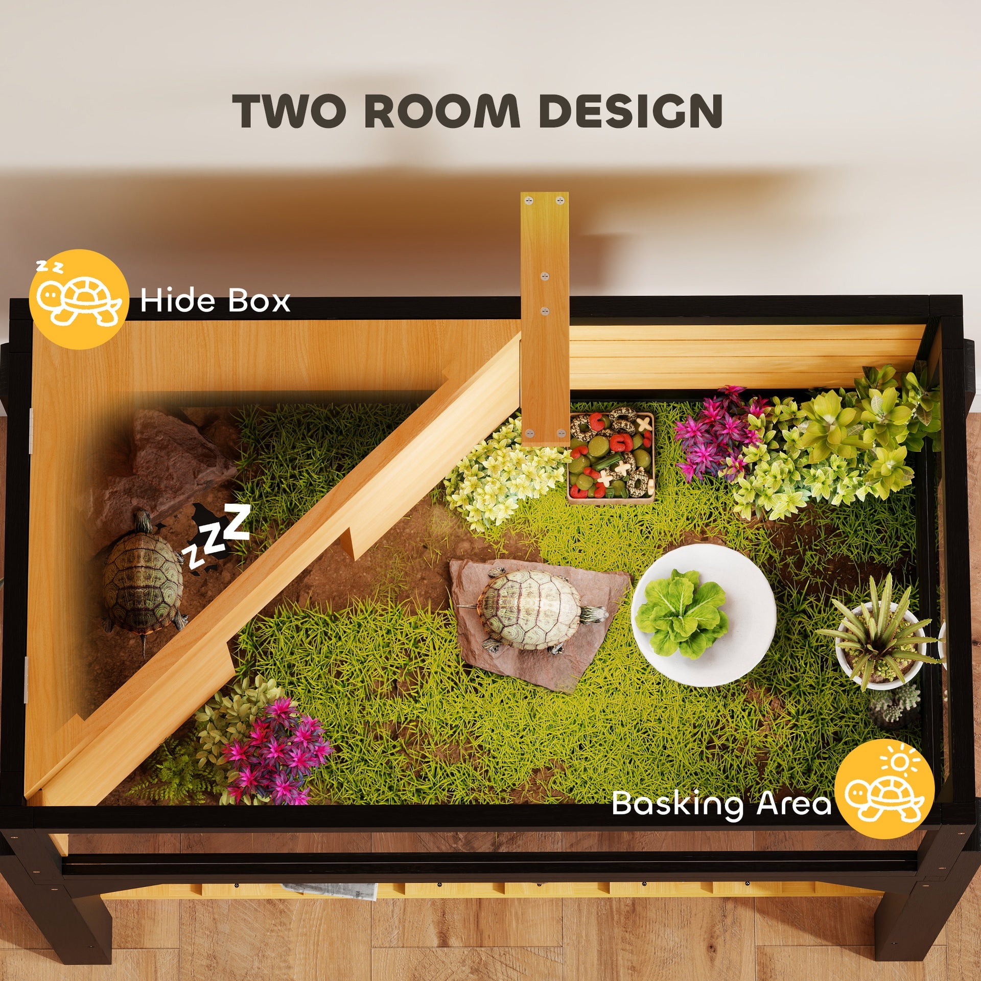 PawHut Wooden Tortoise Habitat with Storage Shelf, Tortoise Enclosure with Clear Windows, Openable Top, Lamp Holder, Yellow