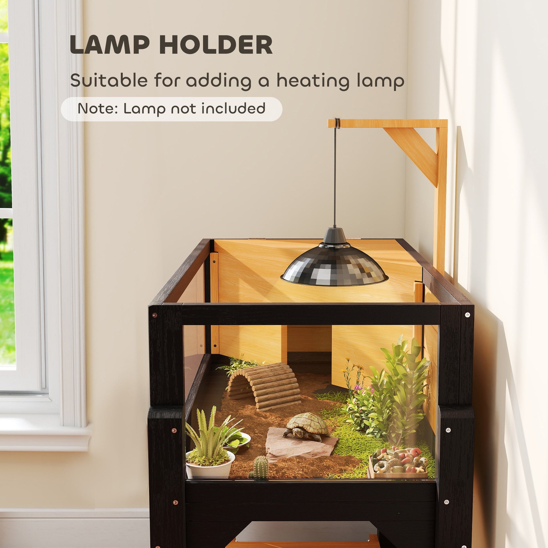 PawHut Wooden Tortoise Habitat with Storage Shelf, Tortoise Enclosure with Clear Windows, Openable Top, Lamp Holder, Yellow