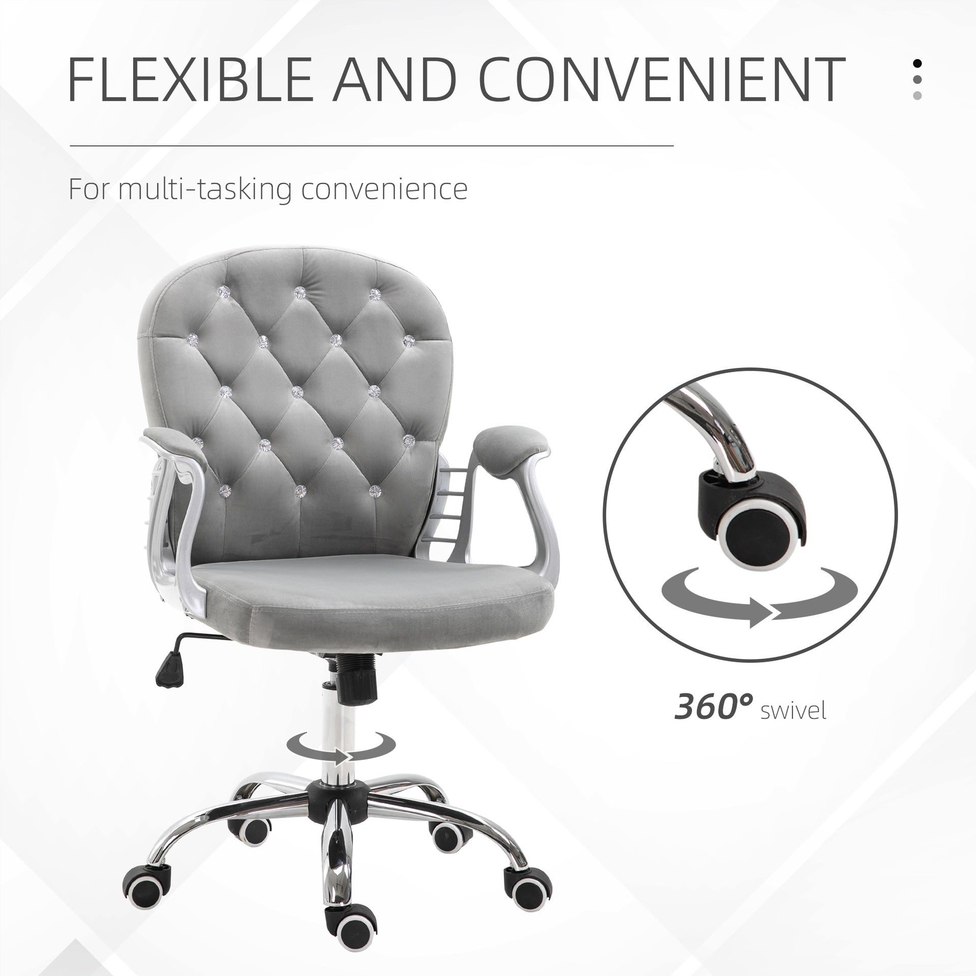 Vinsetto Velvet Home Office Chair, Button Tufted Desk Chair with Padded Armrests, Adjustable Height and Swivel Wheels, Gray