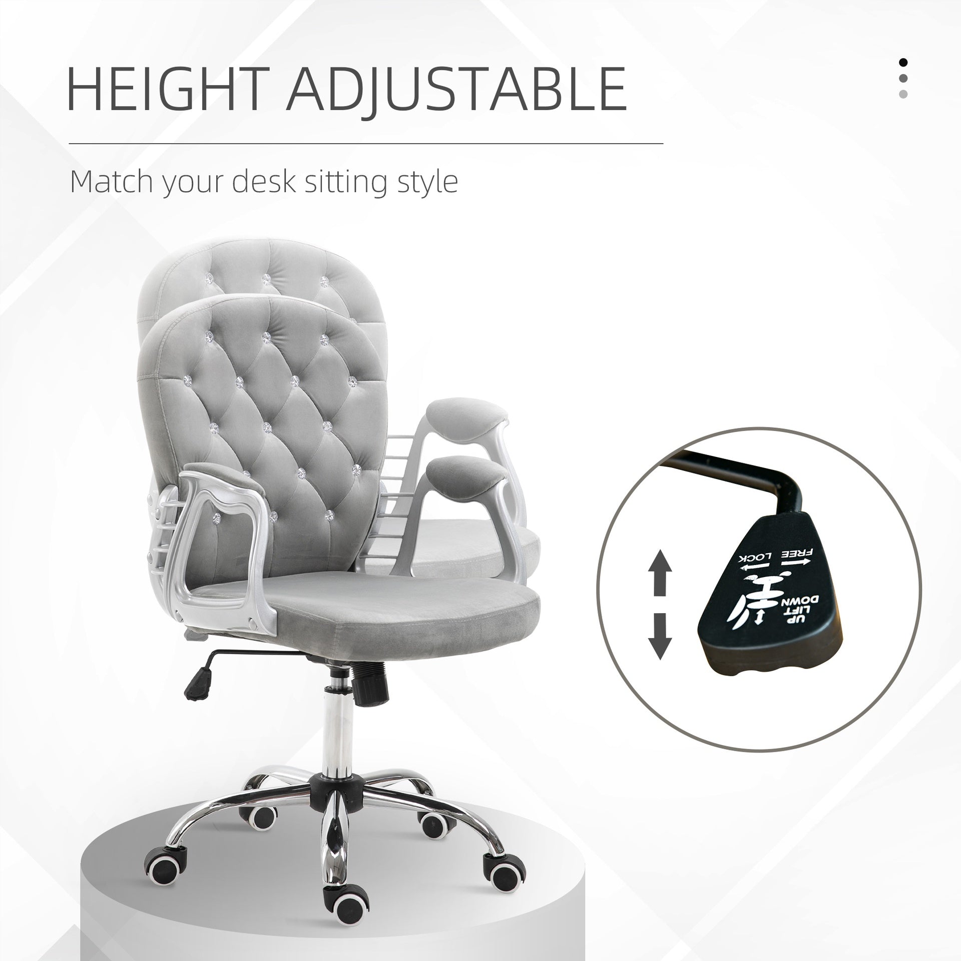 Vinsetto Velvet Home Office Chair, Button Tufted Desk Chair with Padded Armrests, Adjustable Height and Swivel Wheels, Gray