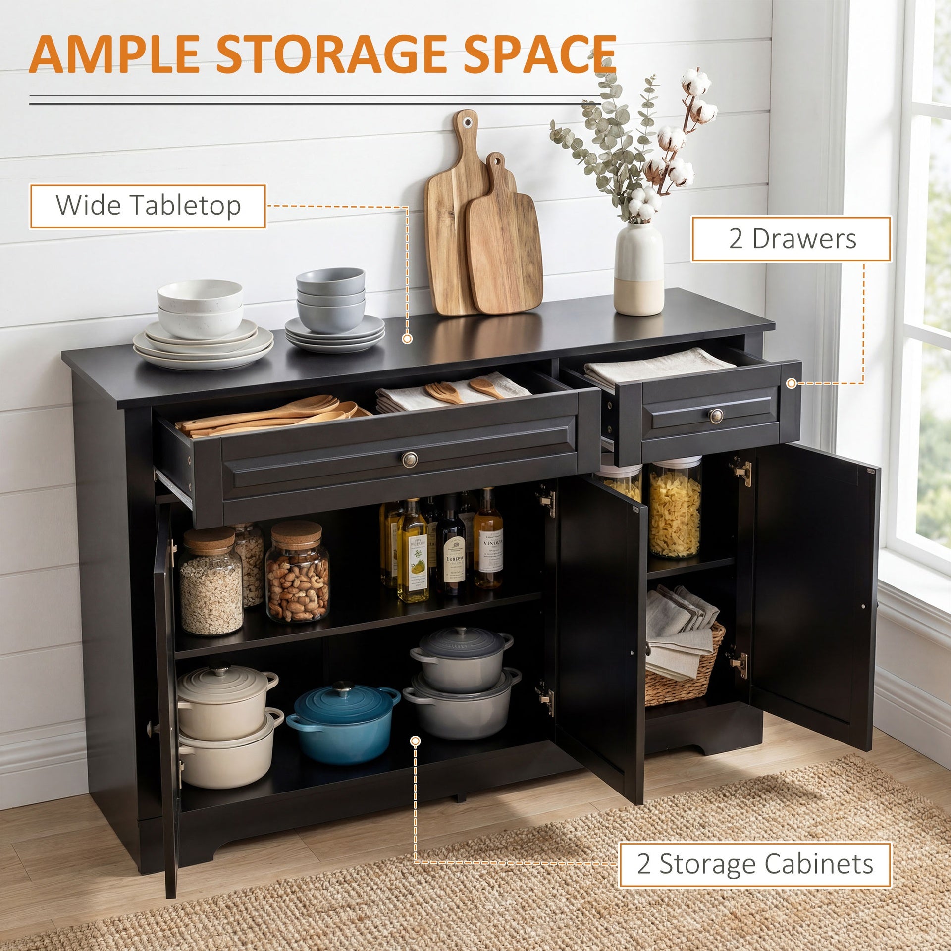 HOMCOM Sideboard Buffet Cabinet, Modern Accent Cabinet with 2 Drawers and Adjustable Shelves, Entryway Cabinet, Black