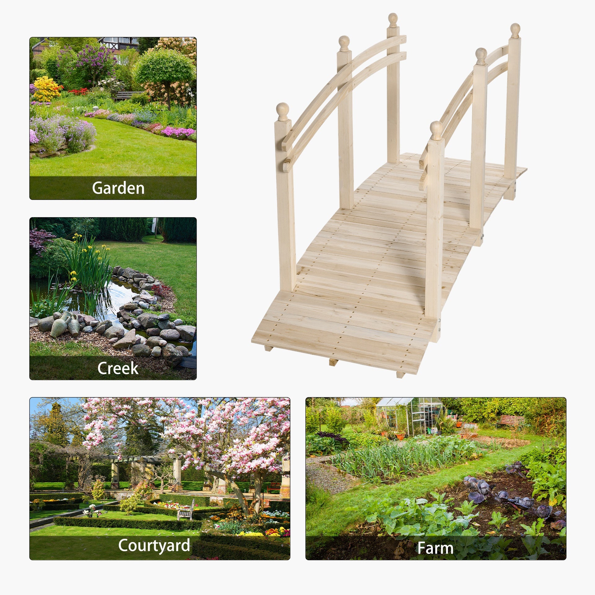 Outsunny Wooden Arch Garden Bridge, Safety Rails for Backyard Ponds, Creeks, Streams, 7.5' , Natural