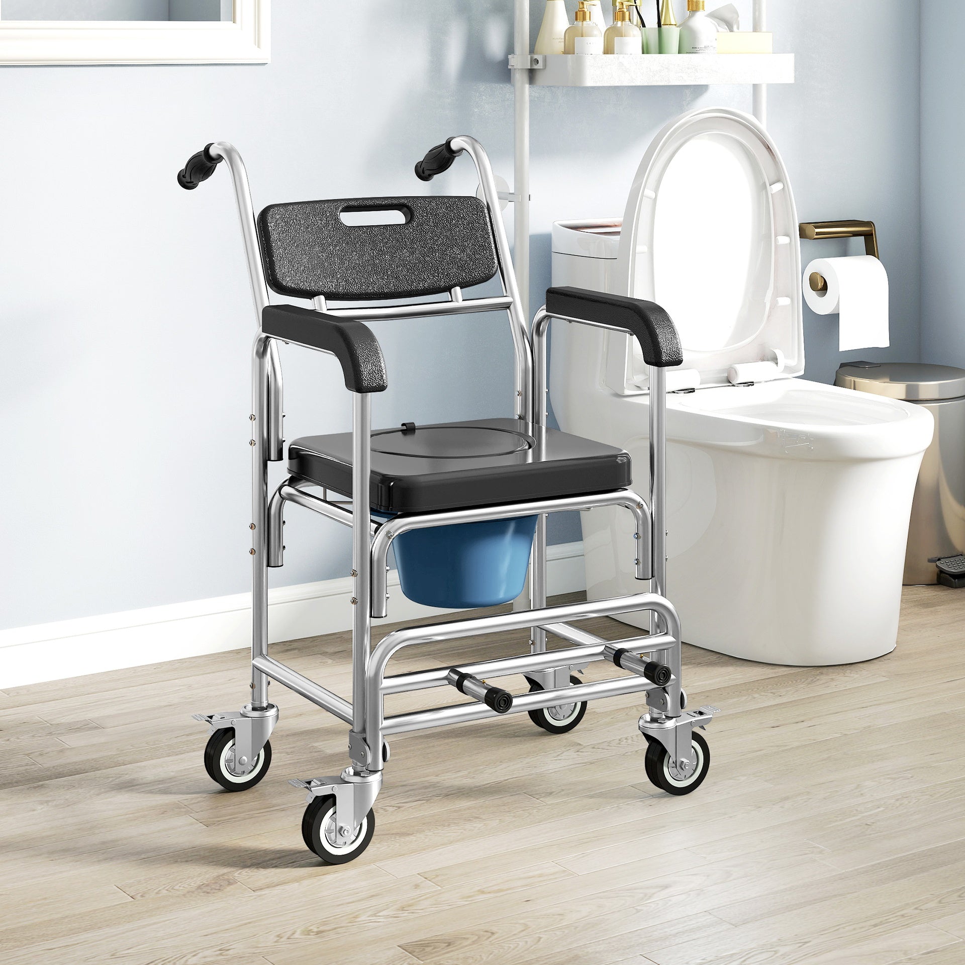 HOMCOM 3-in-1 Shower Commode Wheelchair, Accessible Transport Commode Medical Rolling Chair, Black