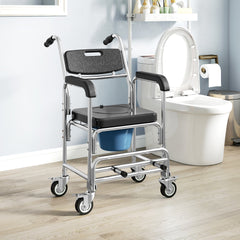 HOMCOM 3-in-1 Shower Commode Wheelchair, Accessible Transport Commode Medical Rolling Chair, Black