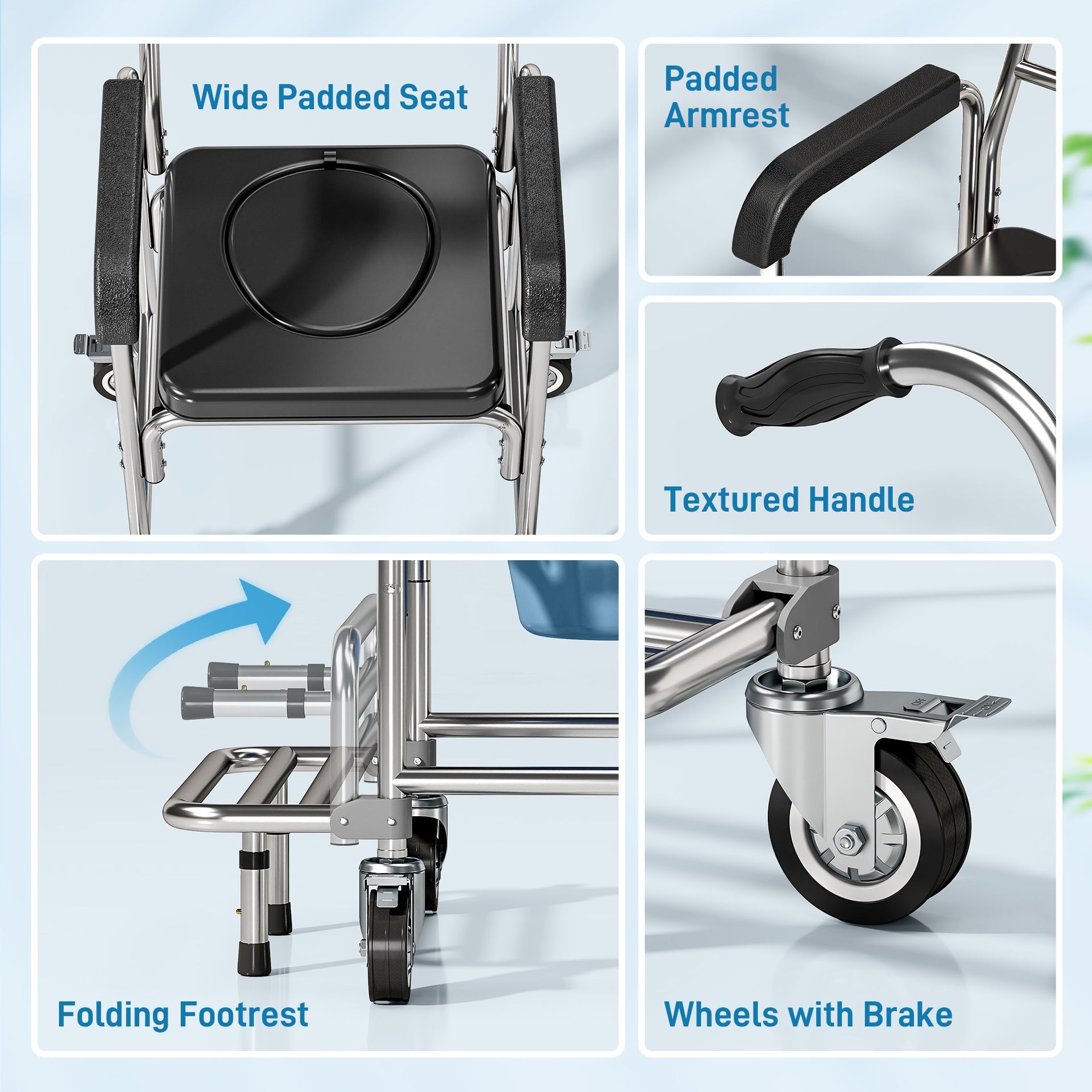 HOMCOM 3-in-1 Shower Commode Wheelchair, Accessible Transport Commode Medical Rolling Chair, Black