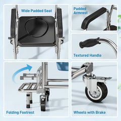 HOMCOM 3-in-1 Shower Commode Wheelchair, Accessible Transport Commode Medical Rolling Chair, Black