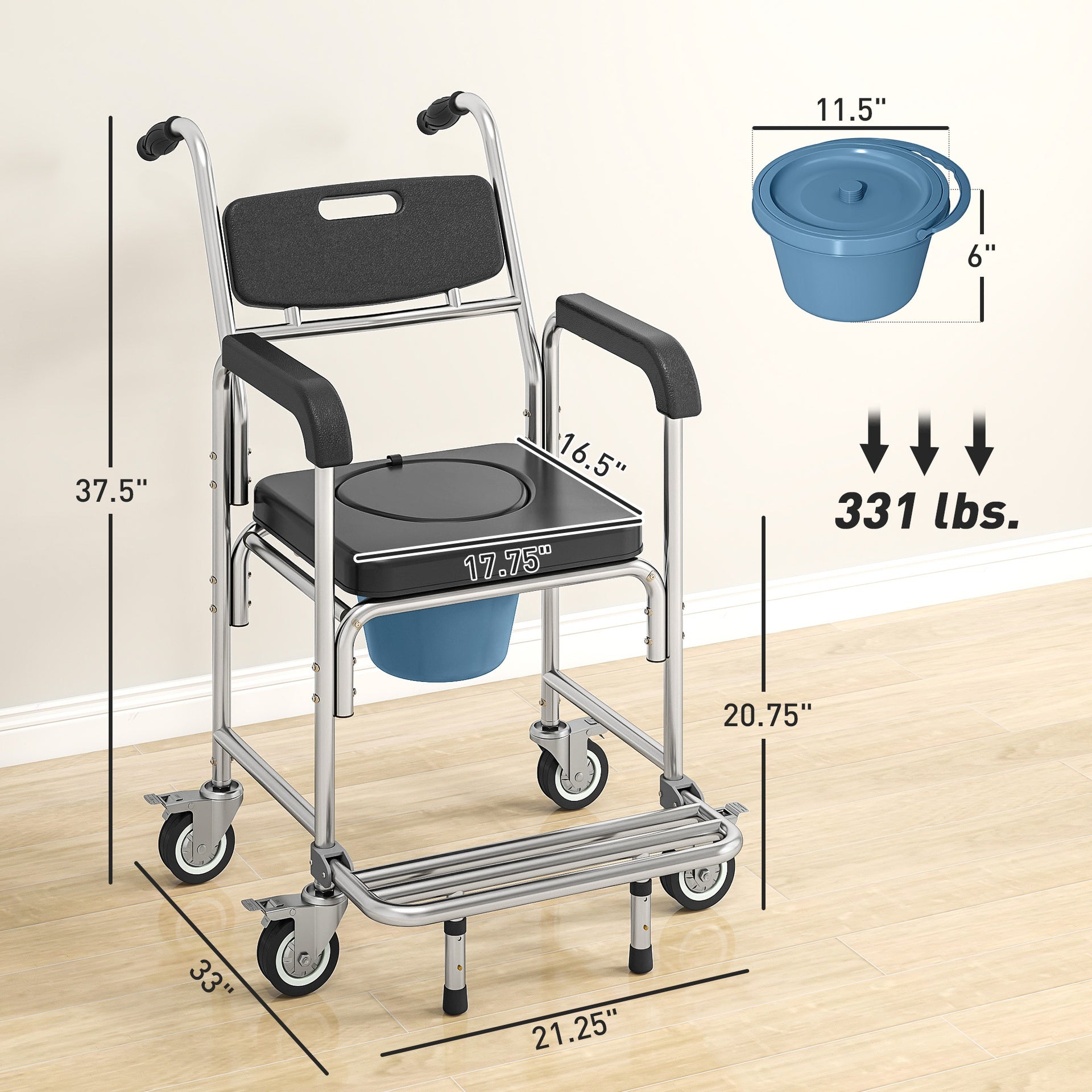 HOMCOM 3-in-1 Shower Commode Wheelchair, Accessible Transport Commode Medical Rolling Chair, Black
