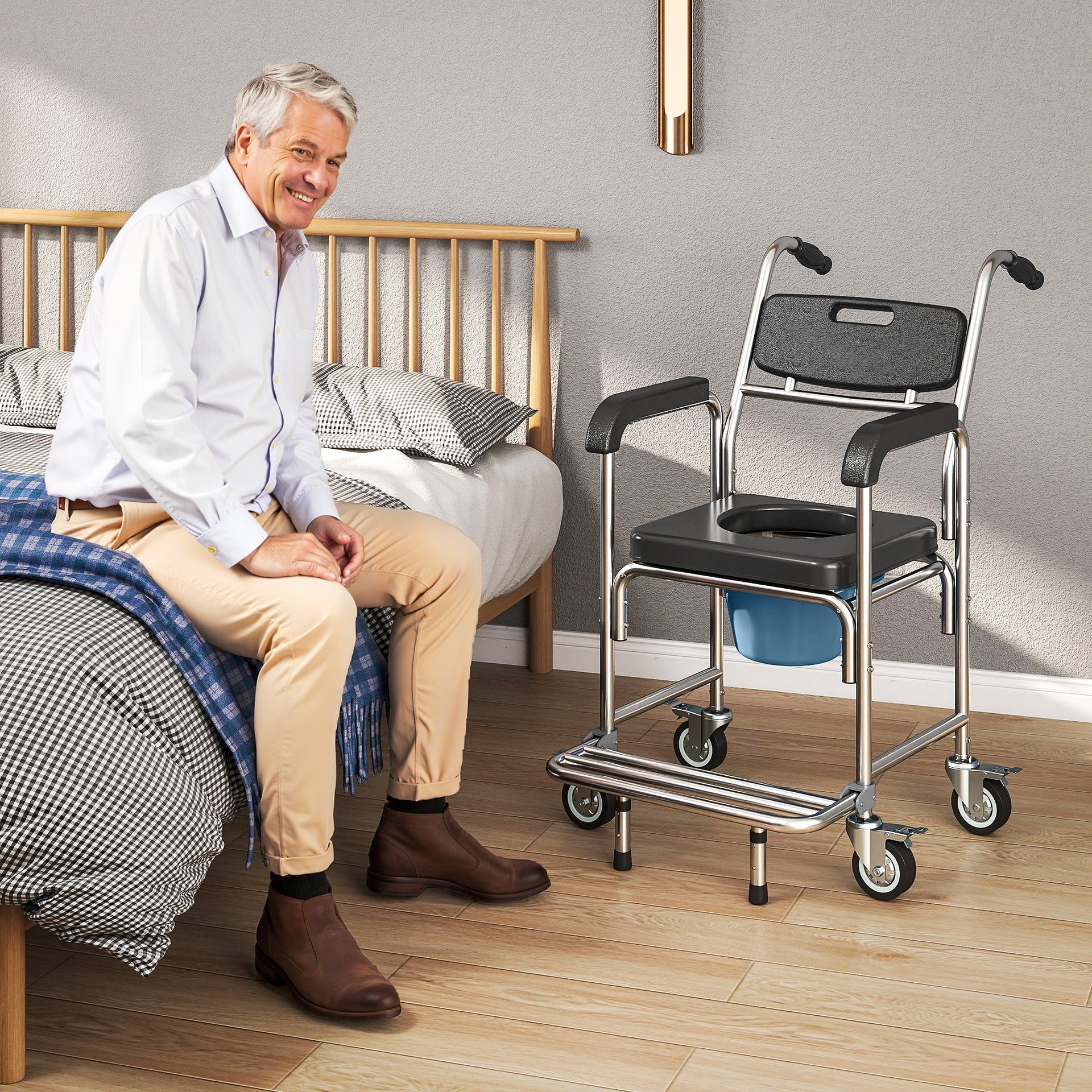 HOMCOM 3-in-1 Shower Commode Wheelchair, Accessible Transport Commode Medical Rolling Chair, Black
