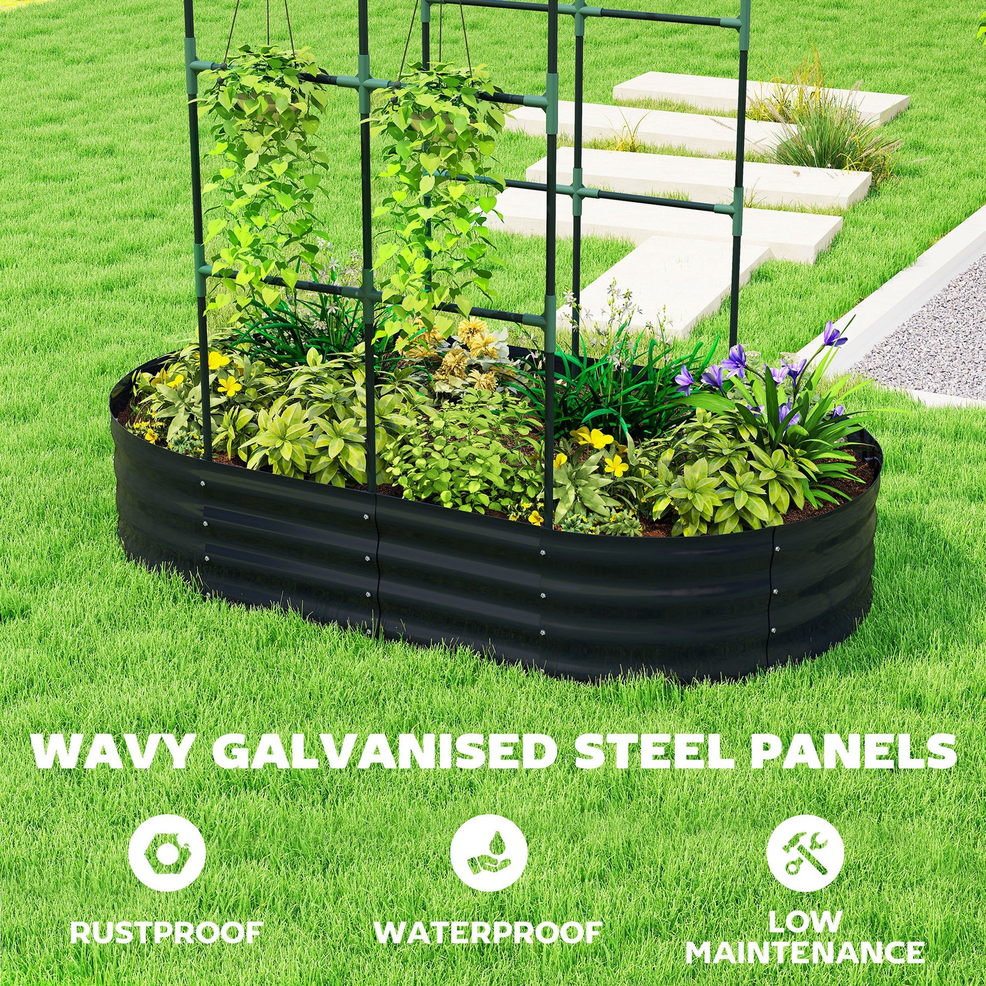 Outsunny Galvanised Raised Garden Bed with Arched Trellis, 5 x 3 x 6ft Metal Outdoor Planter Box with Open Bottom, Dark Gray