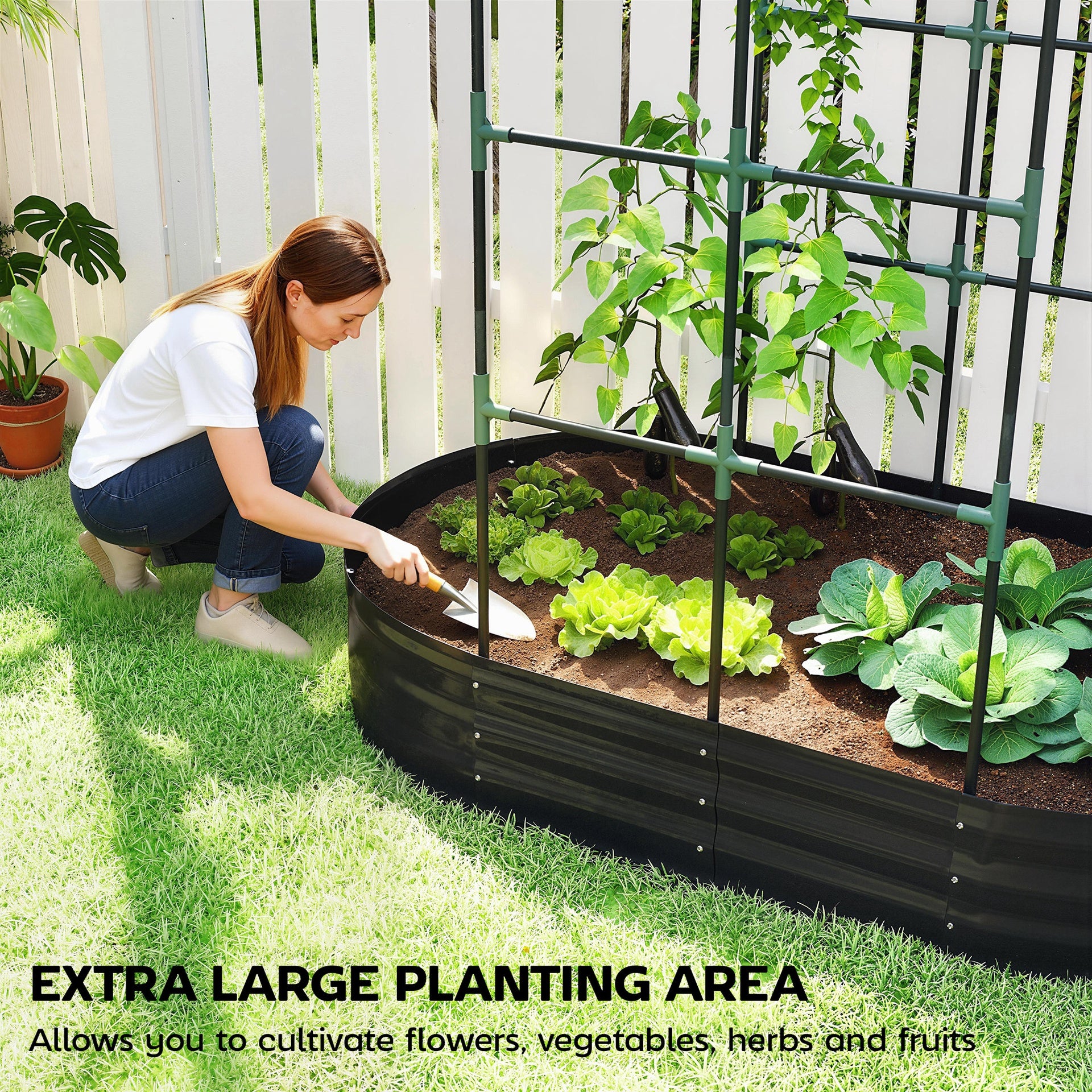 Outsunny Galvanised Raised Garden Bed with Arched Trellis, 5 x 3 x 6ft Metal Outdoor Planter Box with Open Bottom, Dark Gray