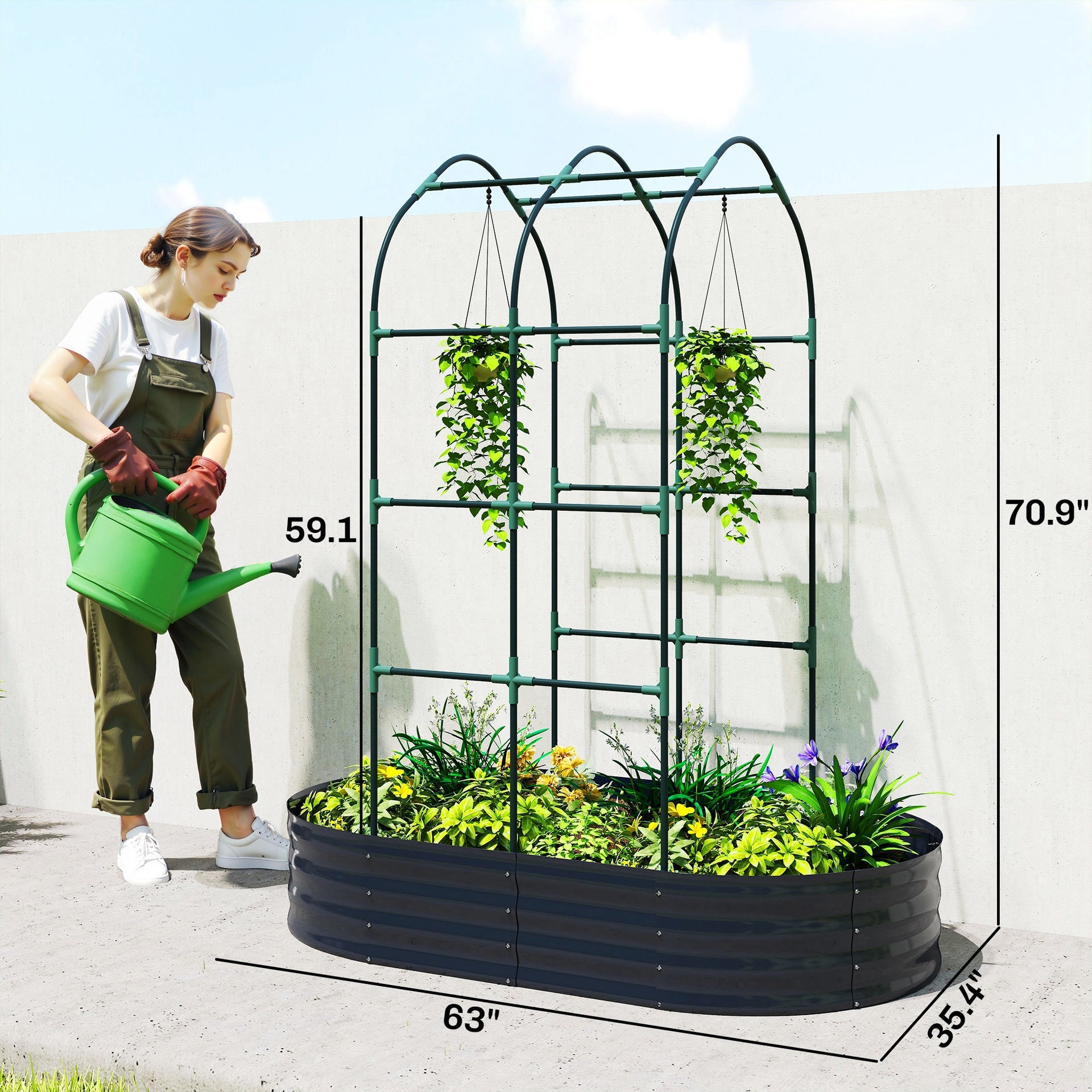Outsunny Galvanised Raised Garden Bed with Arched Trellis, 5 x 3 x 6ft Metal Outdoor Planter Box with Open Bottom, Dark Gray