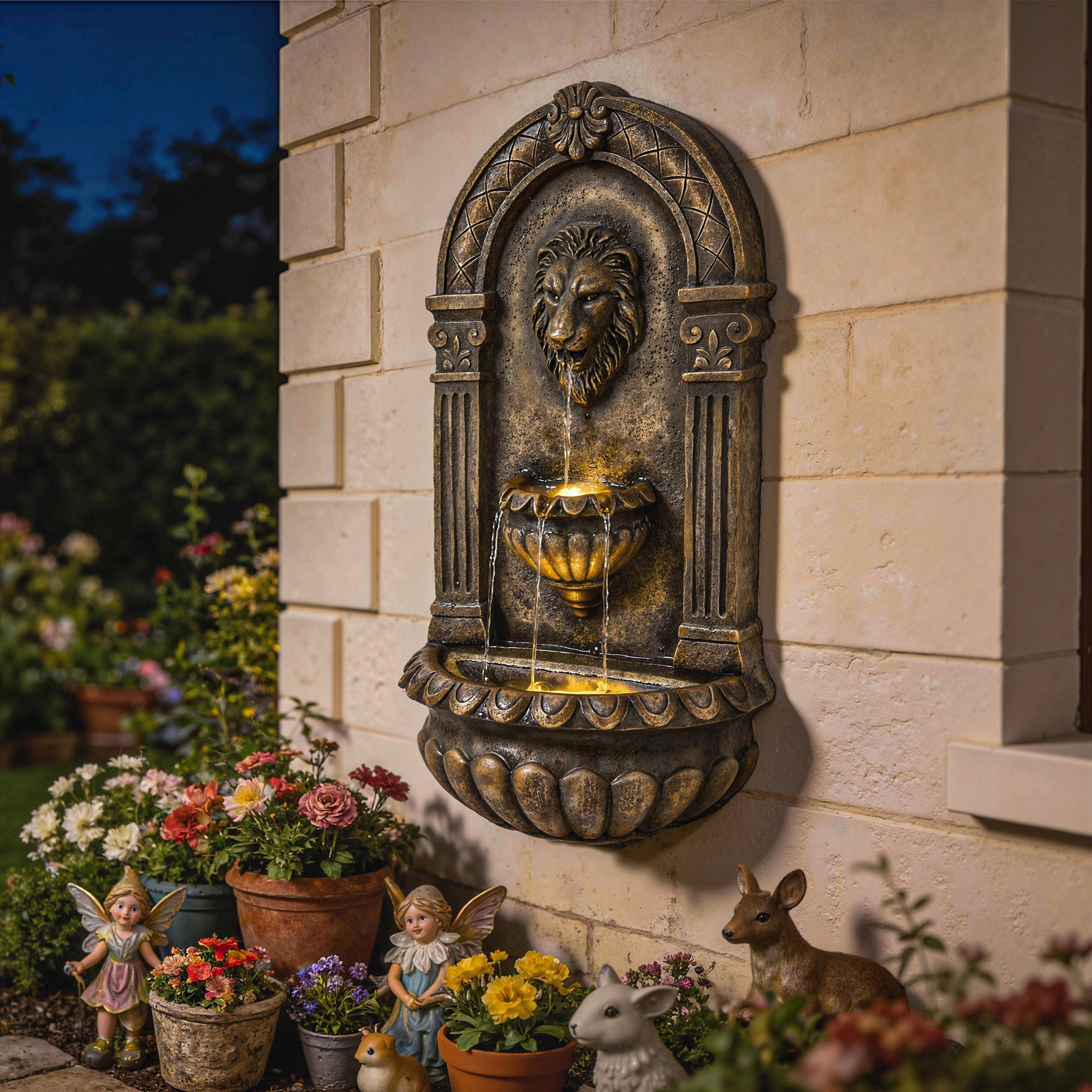 Outsunny 31" Wall-Mounted Outdoor Fountain, 3-Tier Cascading Waterfall Feature with LED Lights and Adjustable Flow, Bronze