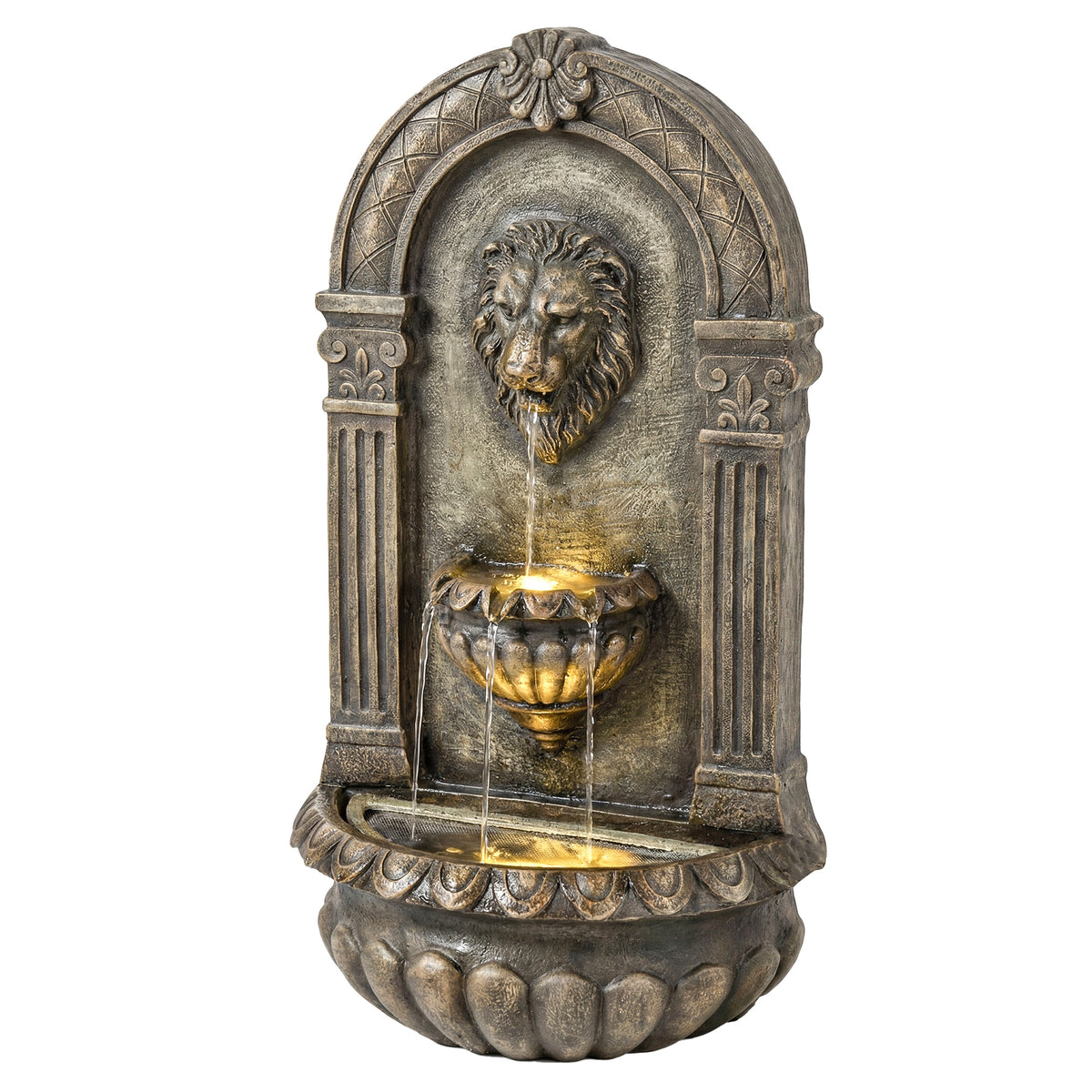 Outsunny 31" Wall-Mounted Outdoor Fountain, 3-Tier Cascading Waterfall Feature with LED Lights and Adjustable Flow, Bronze