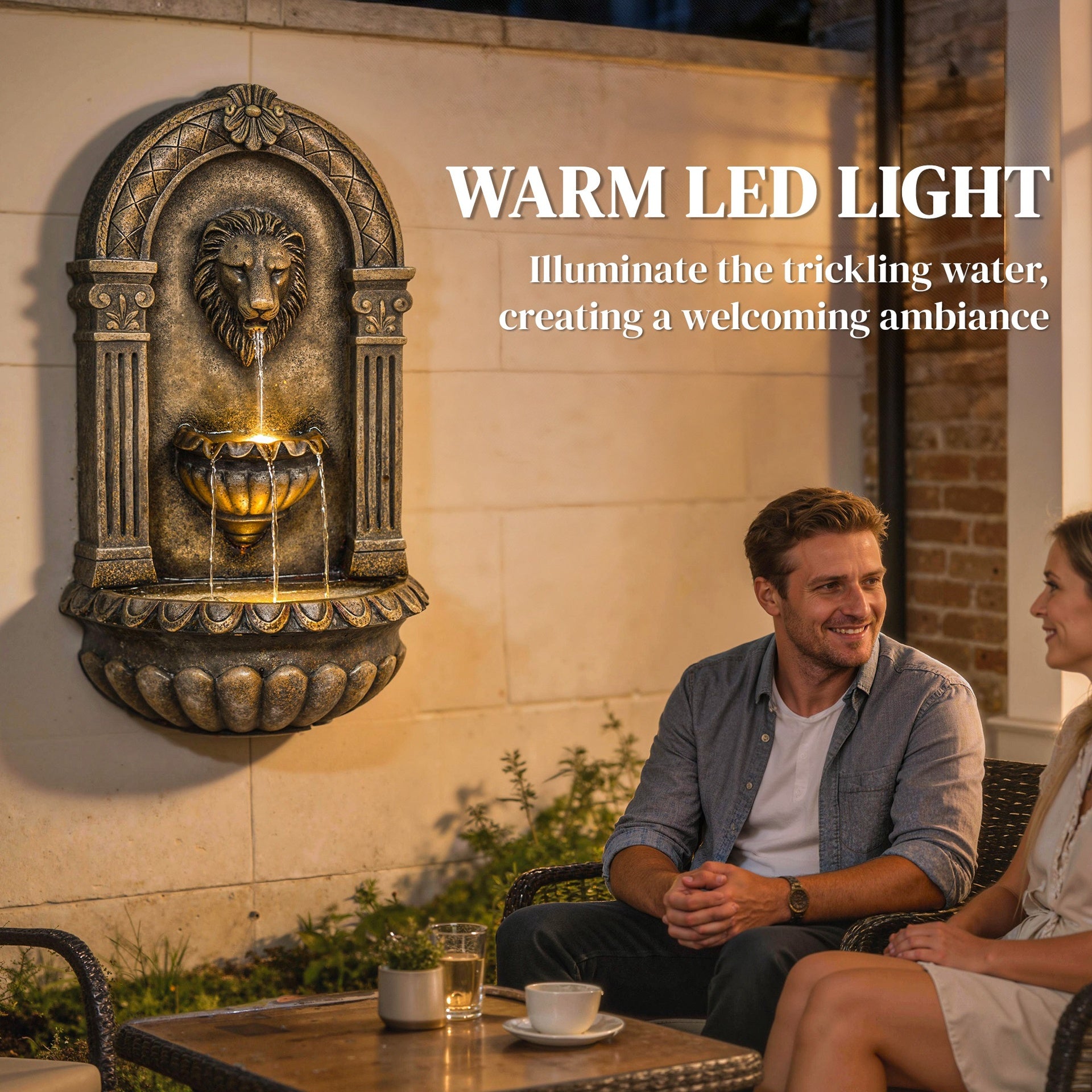 Outsunny 31" Wall-Mounted Outdoor Fountain, 3-Tier Cascading Waterfall Feature with LED Lights and Adjustable Flow, Bronze