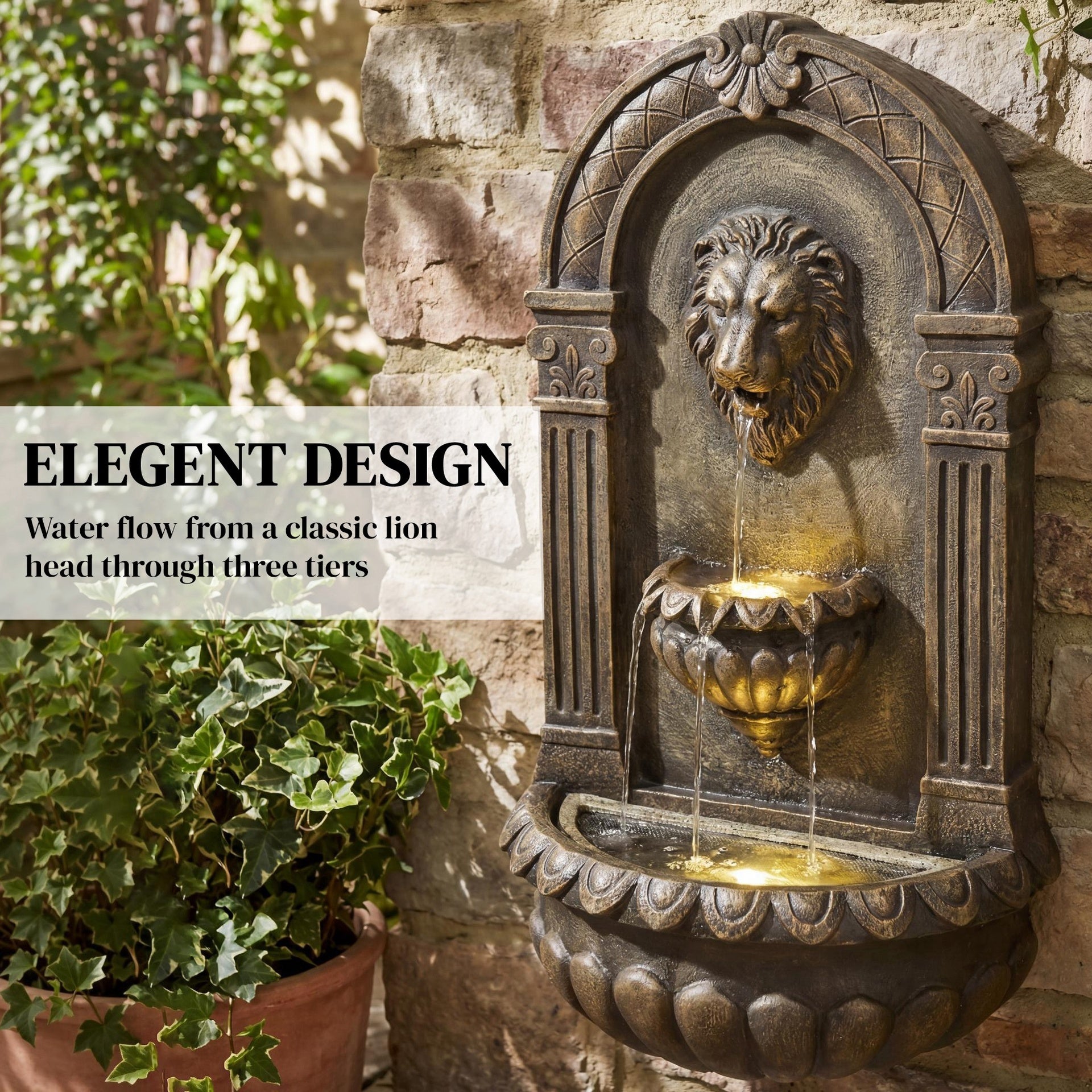Outsunny 31" Wall-Mounted Outdoor Fountain, 3-Tier Cascading Waterfall Feature with LED Lights and Adjustable Flow, Bronze