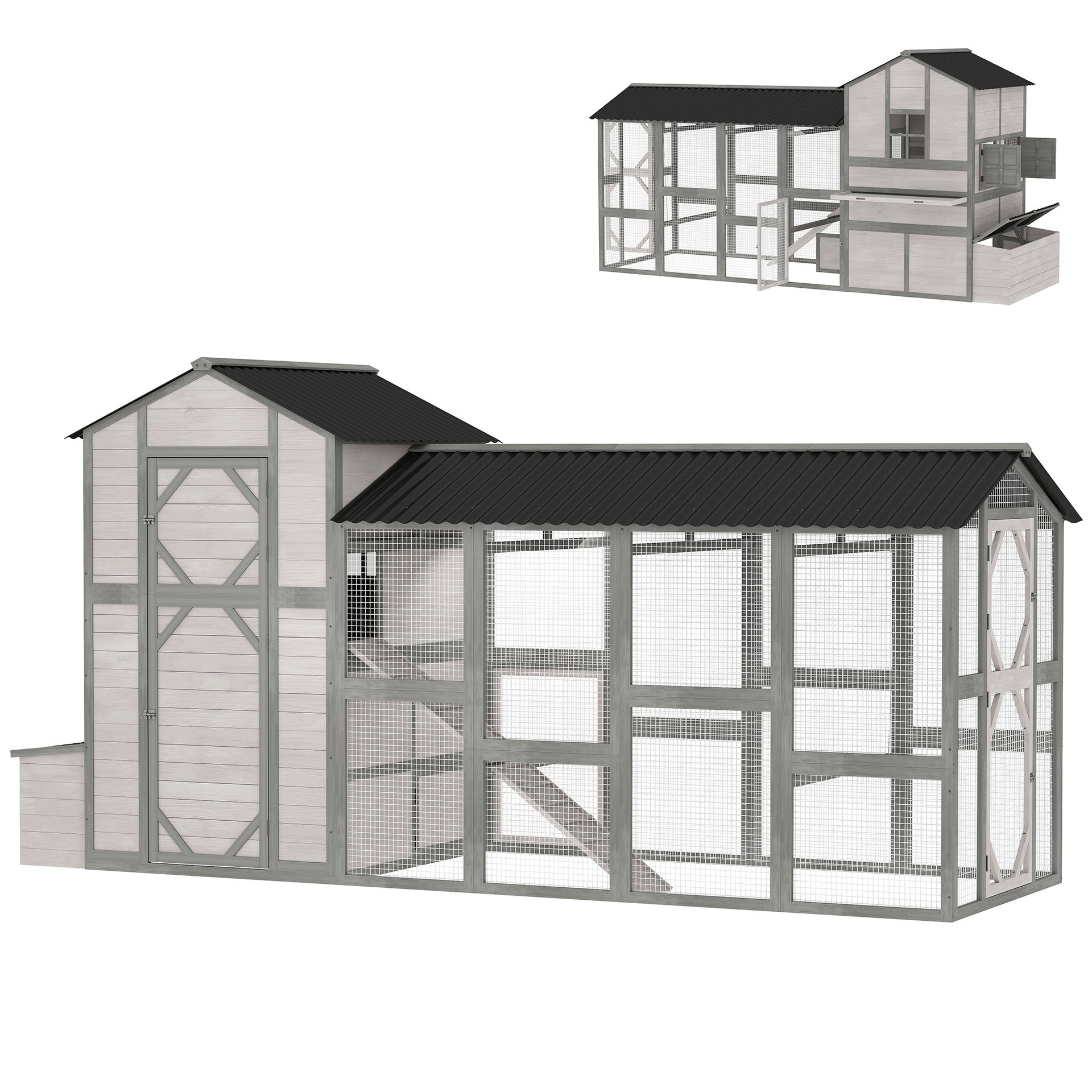 PawHut 147" Extra Wooden Large Chicken Coop with Run for 8–10 Hens, Predator-Proof Mesh, Gray