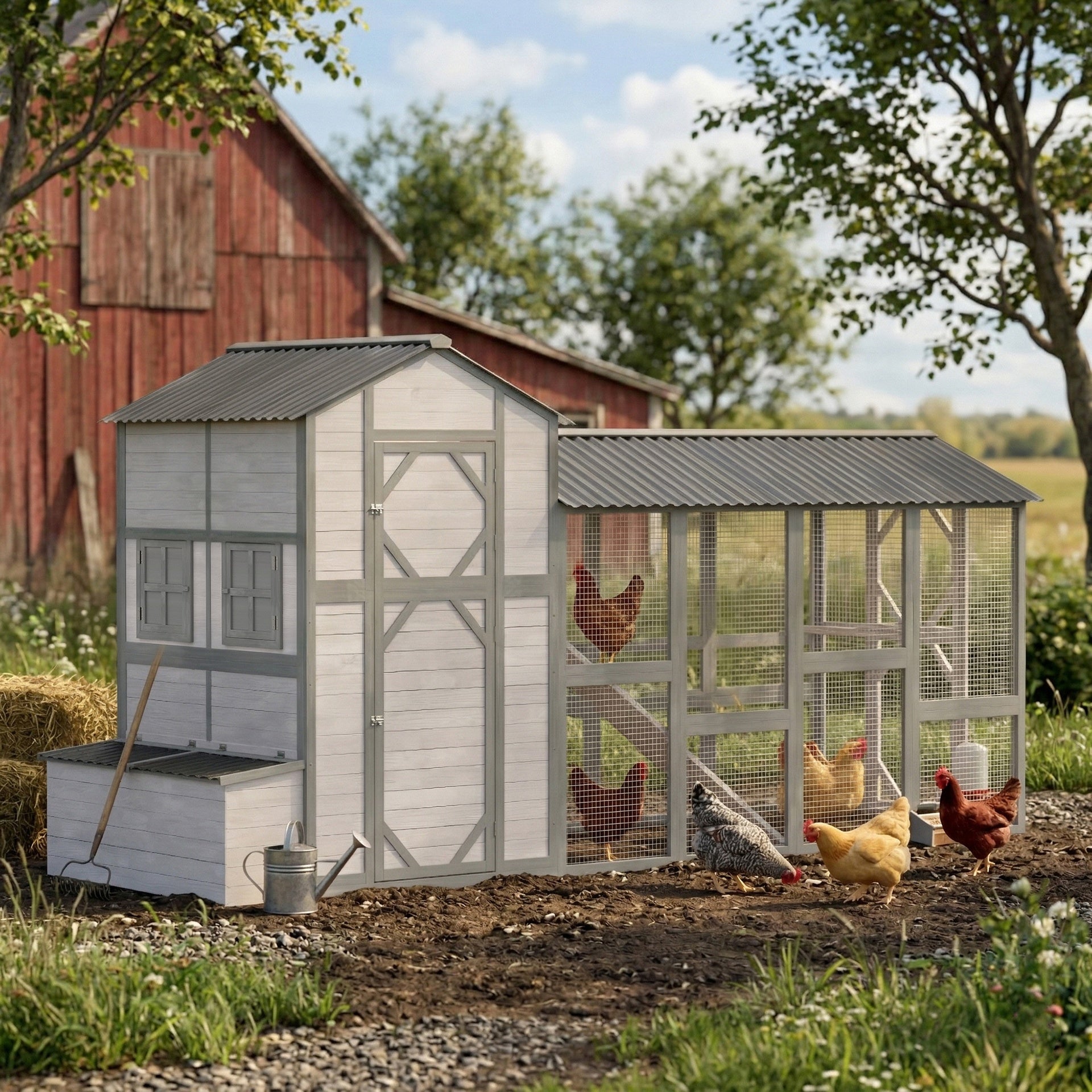 PawHut 147" Extra Wooden Large Chicken Coop with Run for 8–10 Hens, Predator-Proof Mesh, Gray